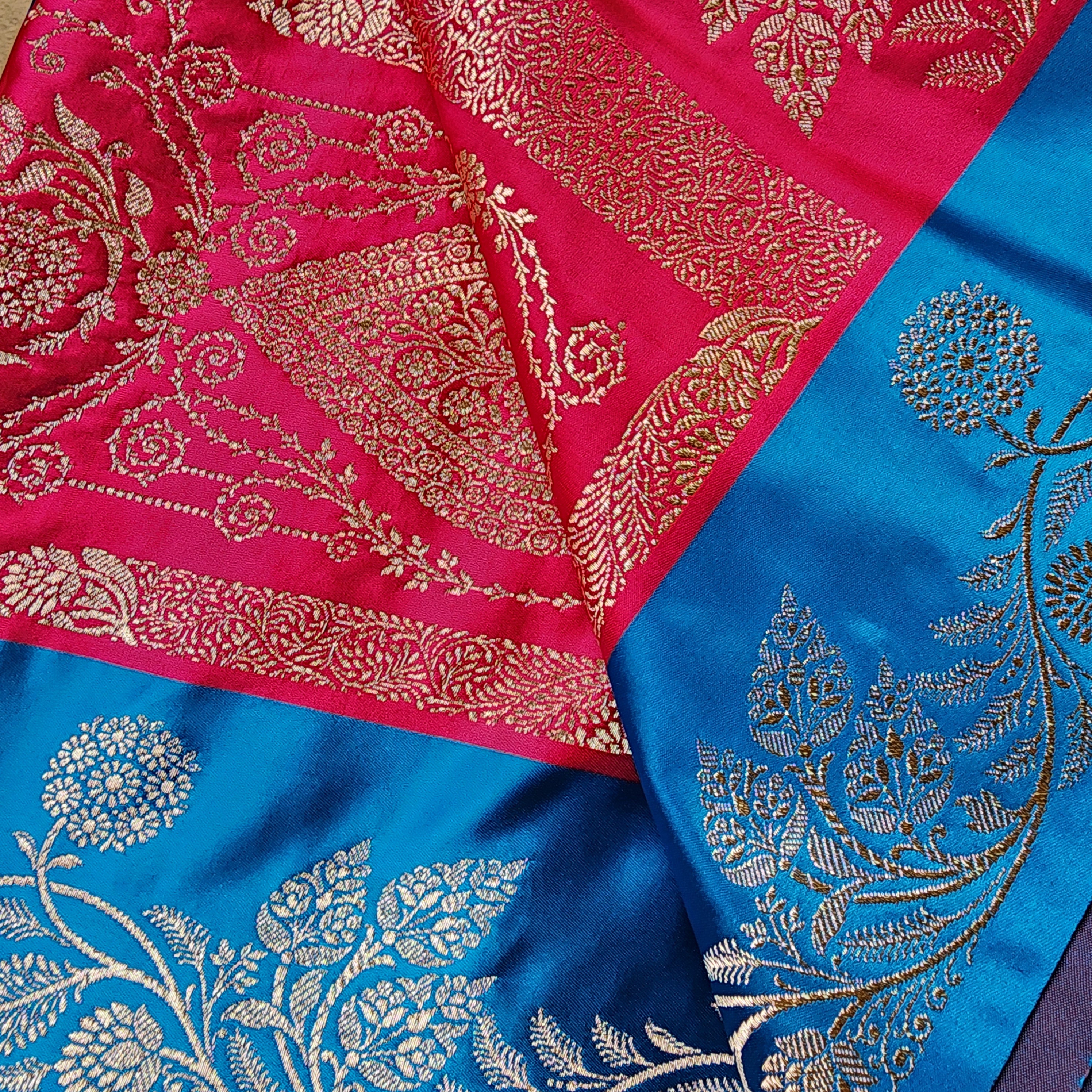 Rani Red Pure Banarasi Katan Silk Saree with Cobalt Blue Border