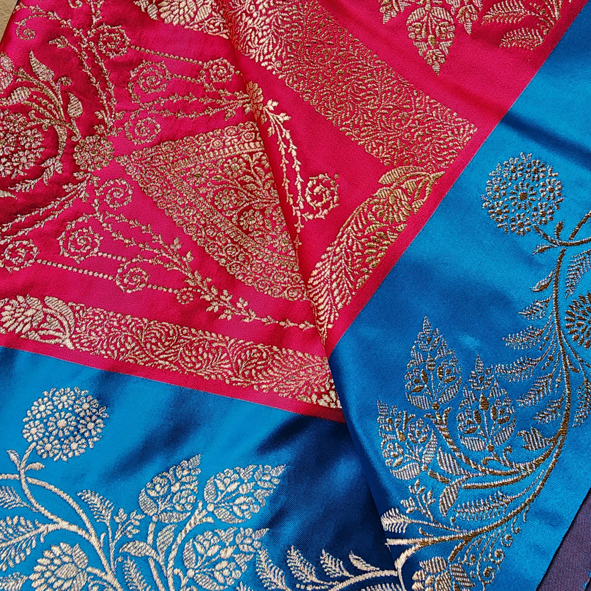 Rani Red Pure Banarasi Katan Silk Saree with Cobalt Blue Border