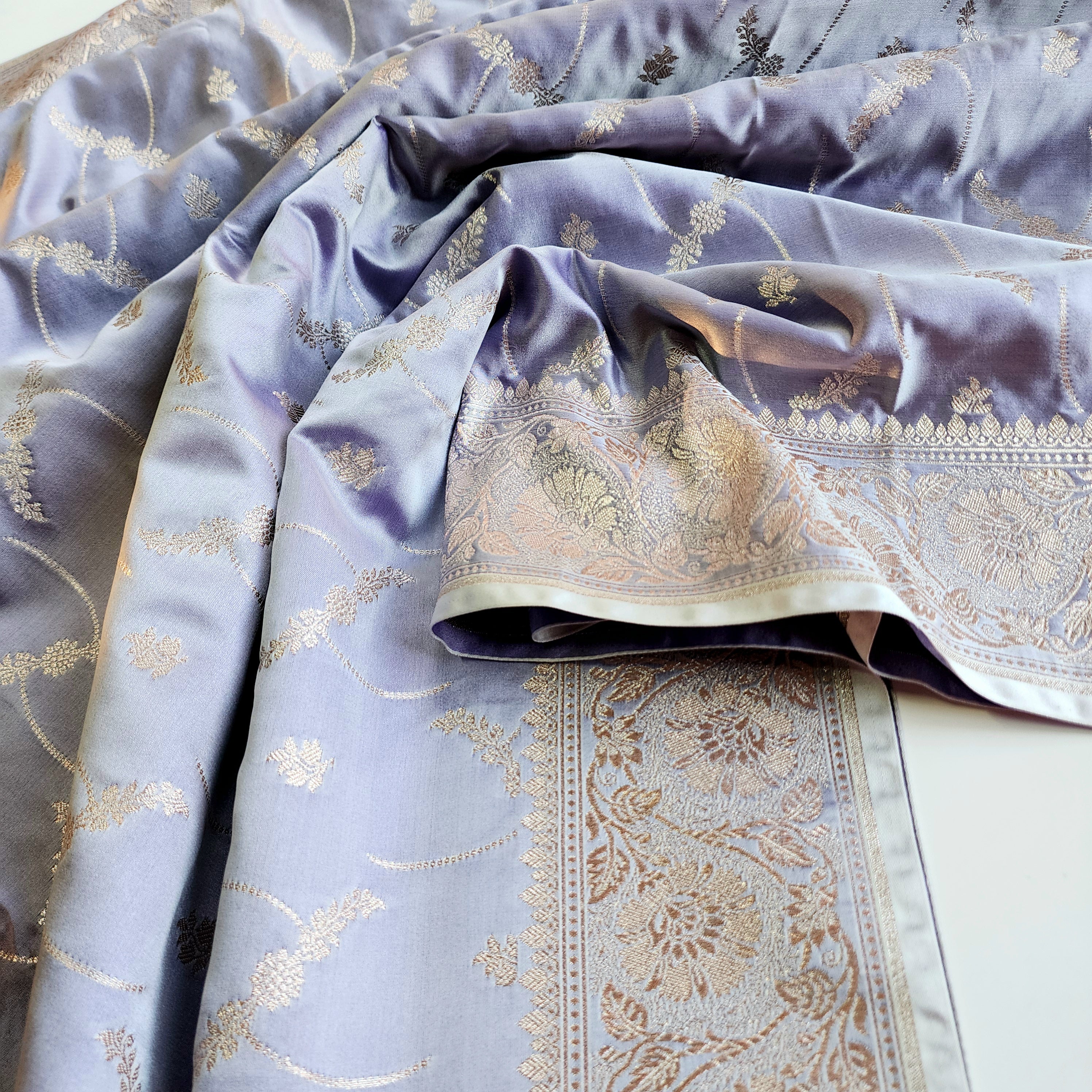 Pastel Lilac Banarasi Katan Silk Saree with Light Gold Zari weaving