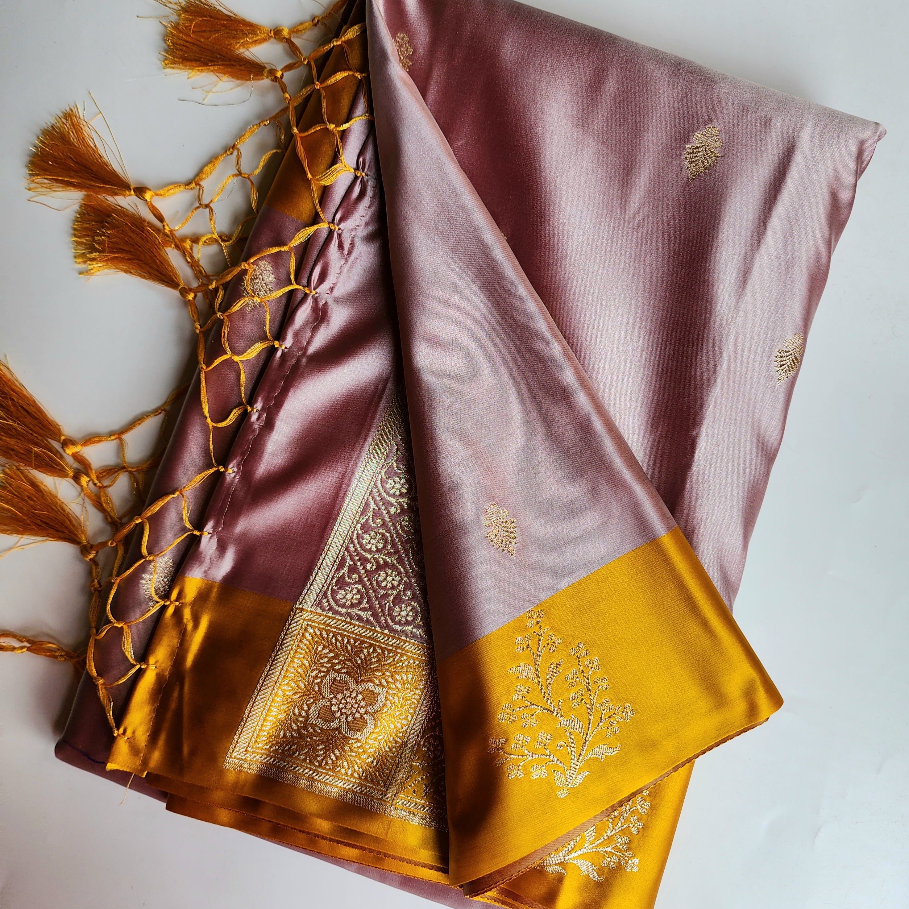 Dusty Rose Katan Silk Saree with Mustard Yellow Gold Zari Border