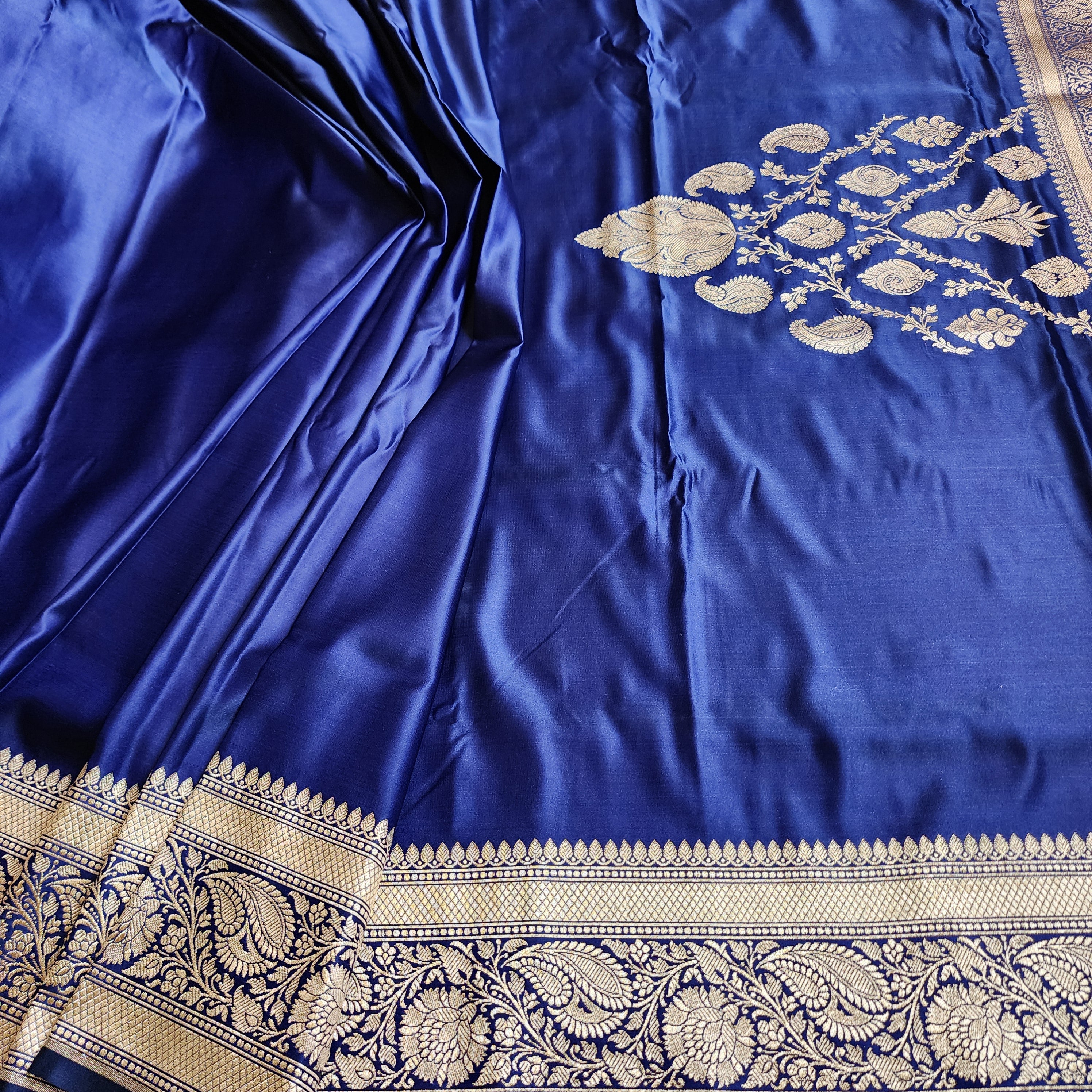 Royal Blue Pure Banarasi Katan Silk Saree with light Gold Zari Weaving