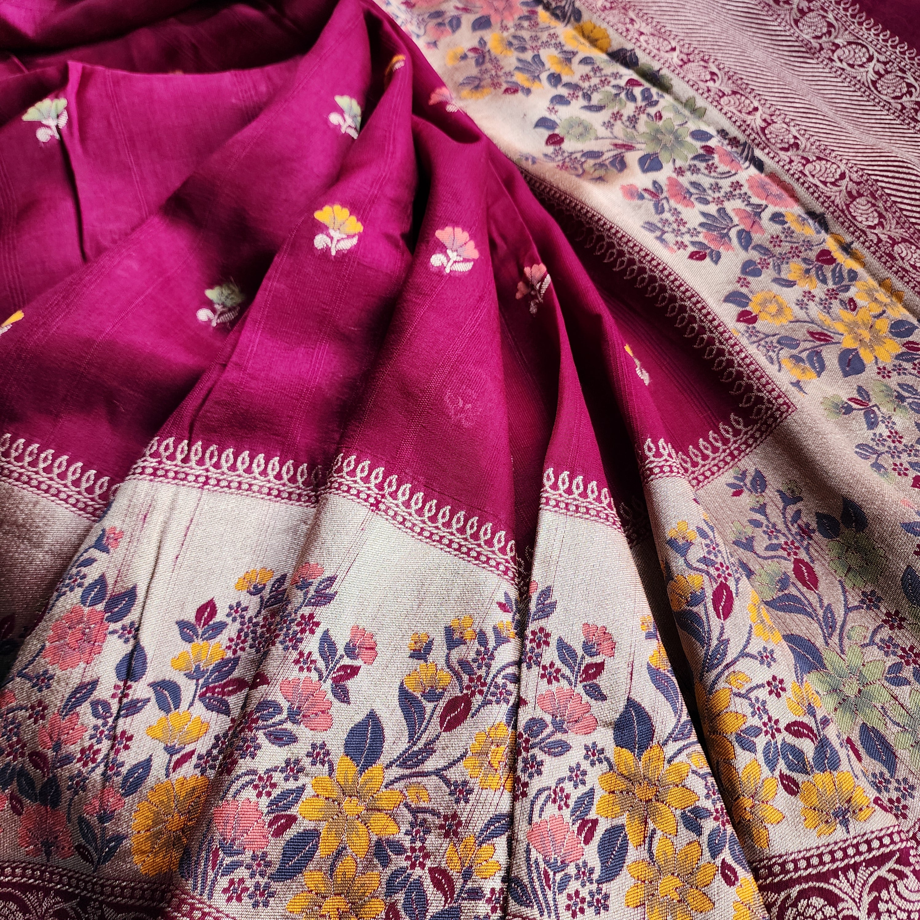 Soft Wine Raw Silk Saree With Pastel Floral Weaving and Off White Border