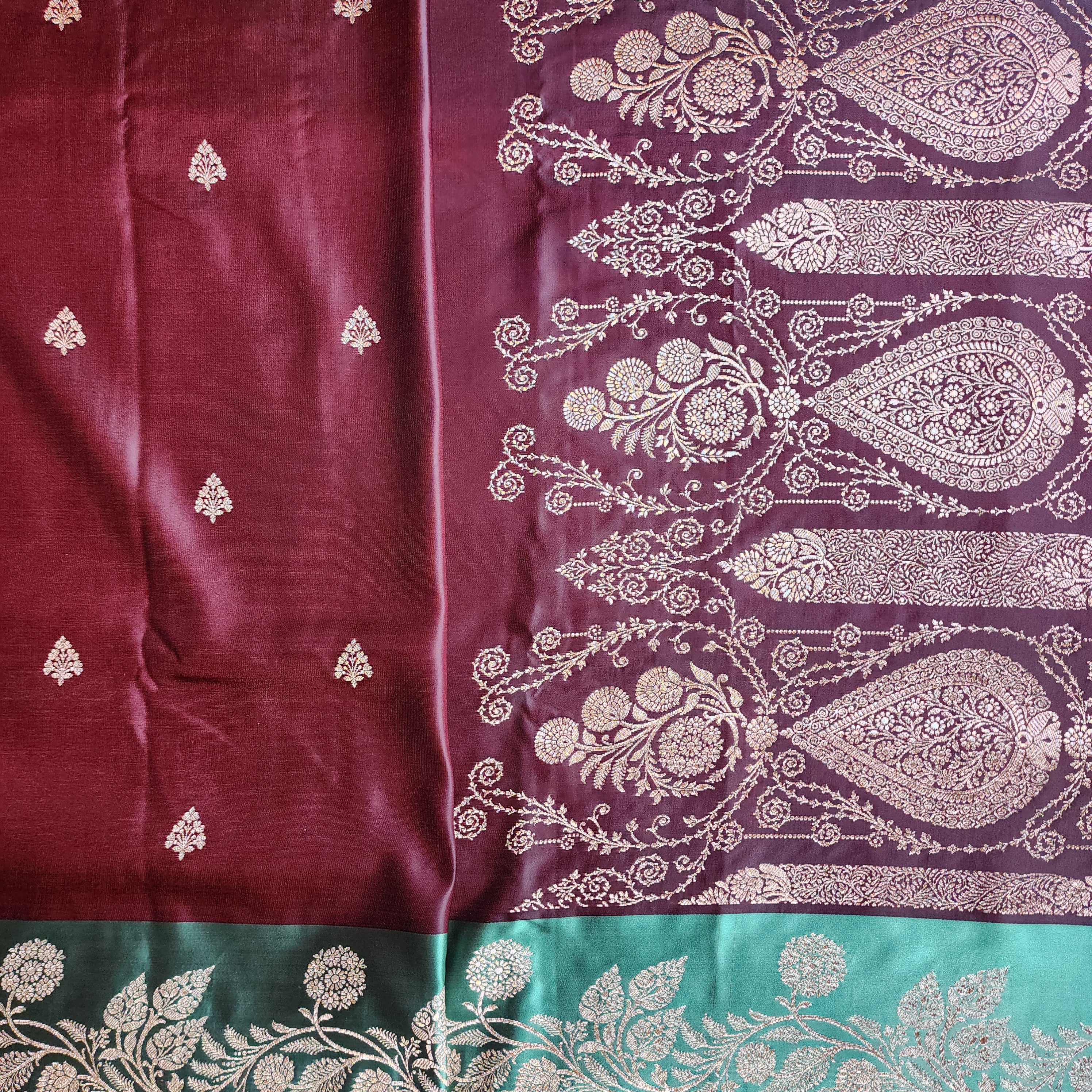 Chocolate Brown Pure Banarasi Katan Silk Saree with Sea Green Border