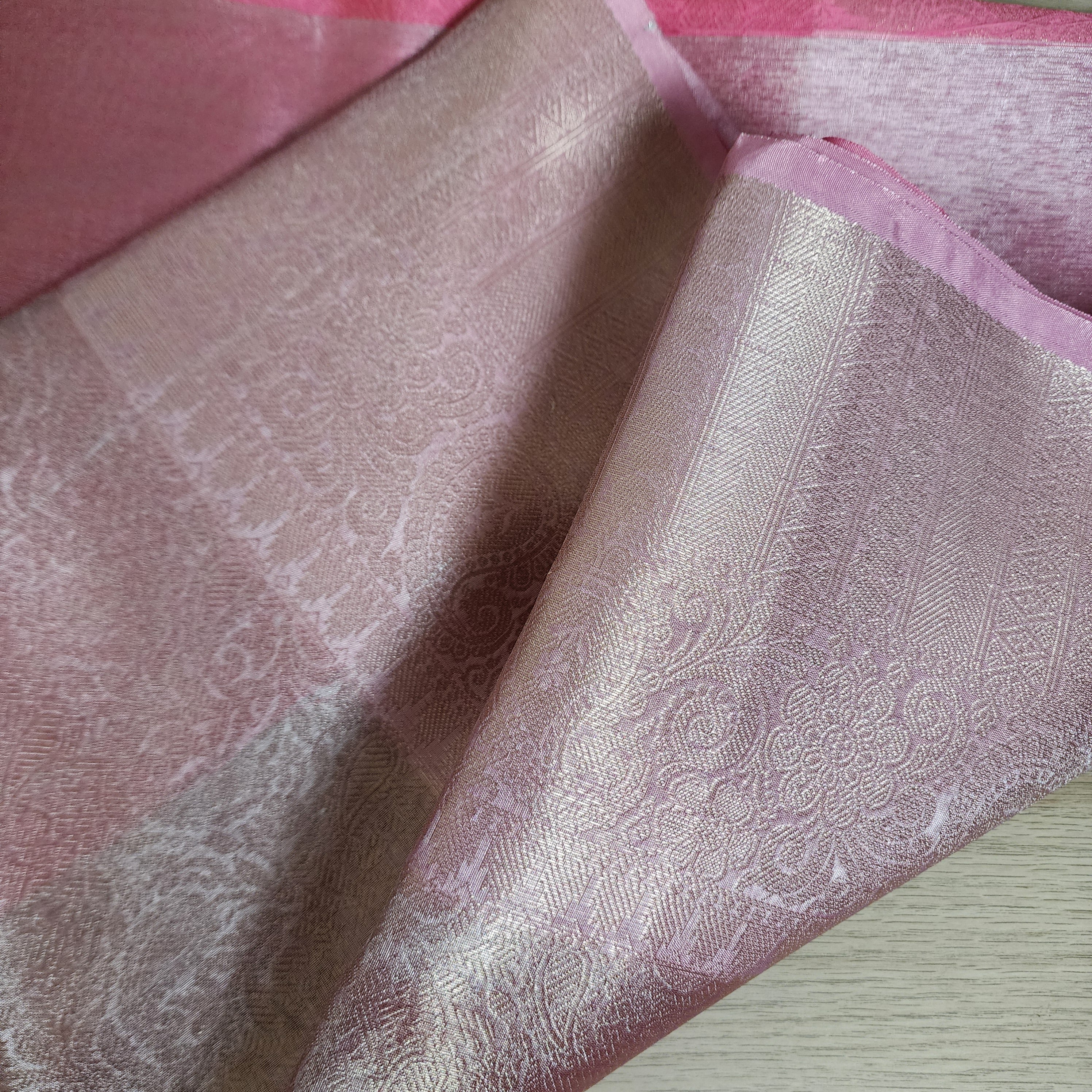 Unique Coral Pink & Beige Kanjivaram style Banarasi Tissue Saree