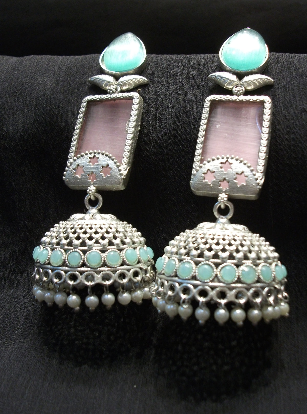 Teardrop Aqua and Blush Pink Long Earrings