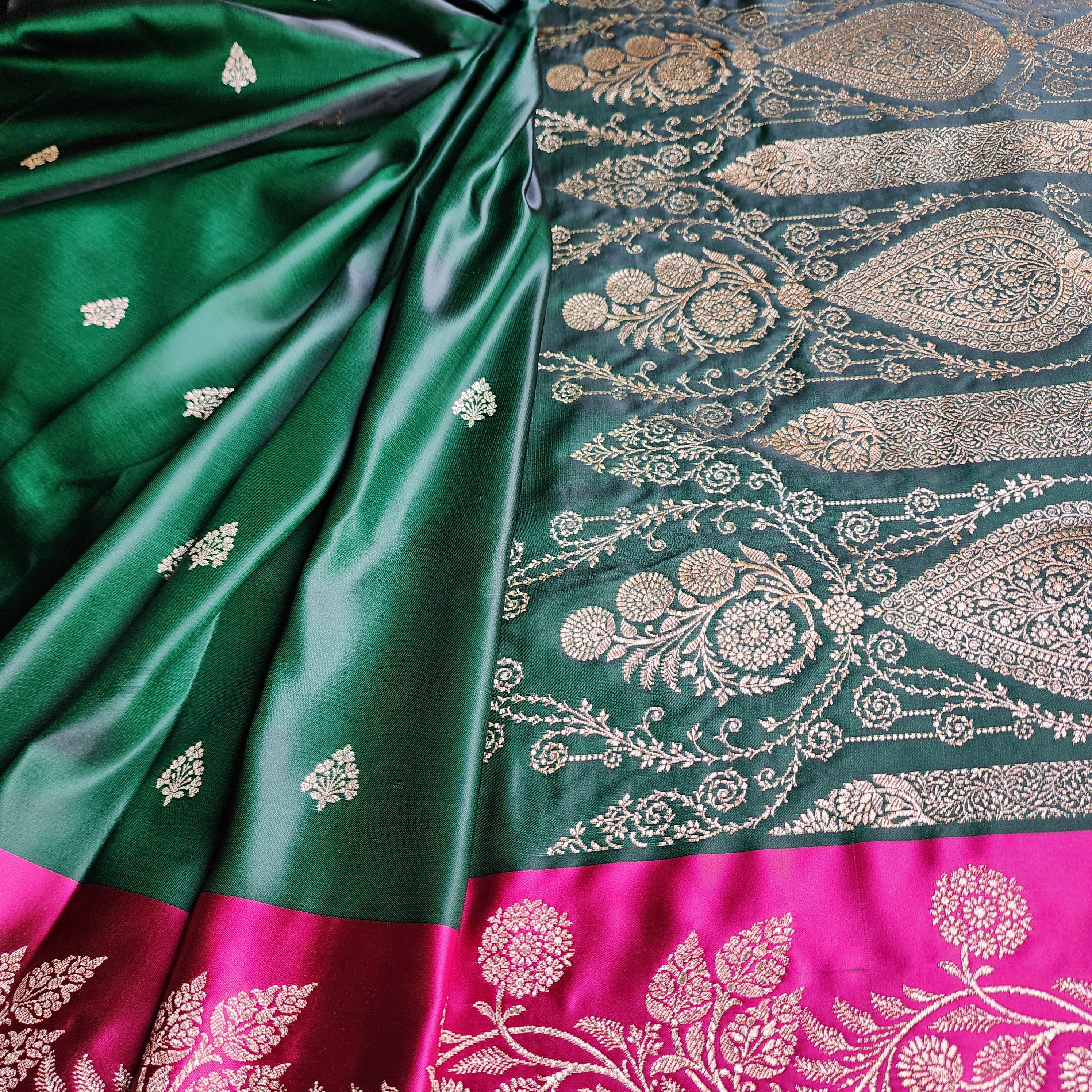 Emerald Green Pure Banarasi Katan Silk Saree with Bright Pink Border