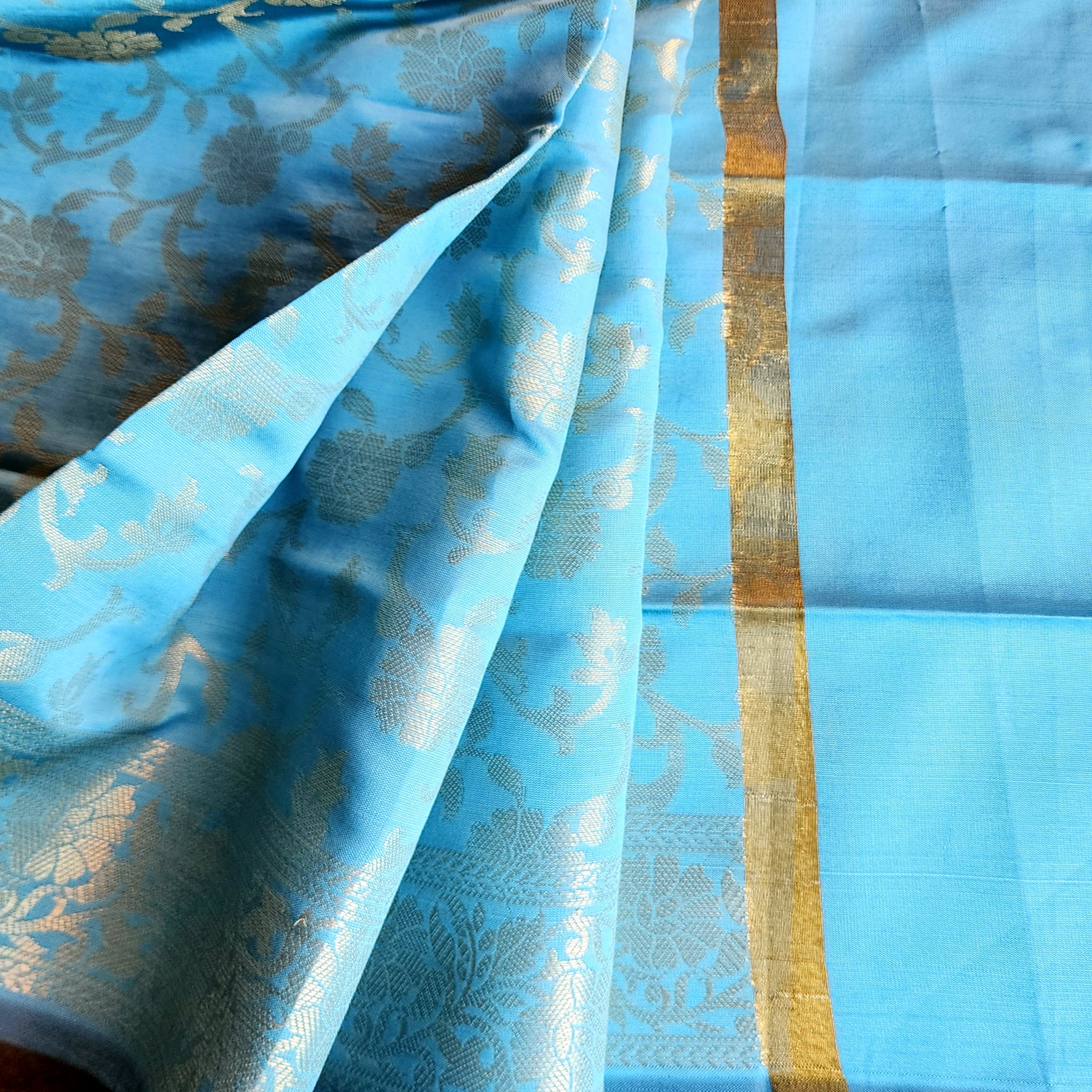 Aqua Blue Banarasi Tapetta Silk Dupatta with Gold Floral Weave