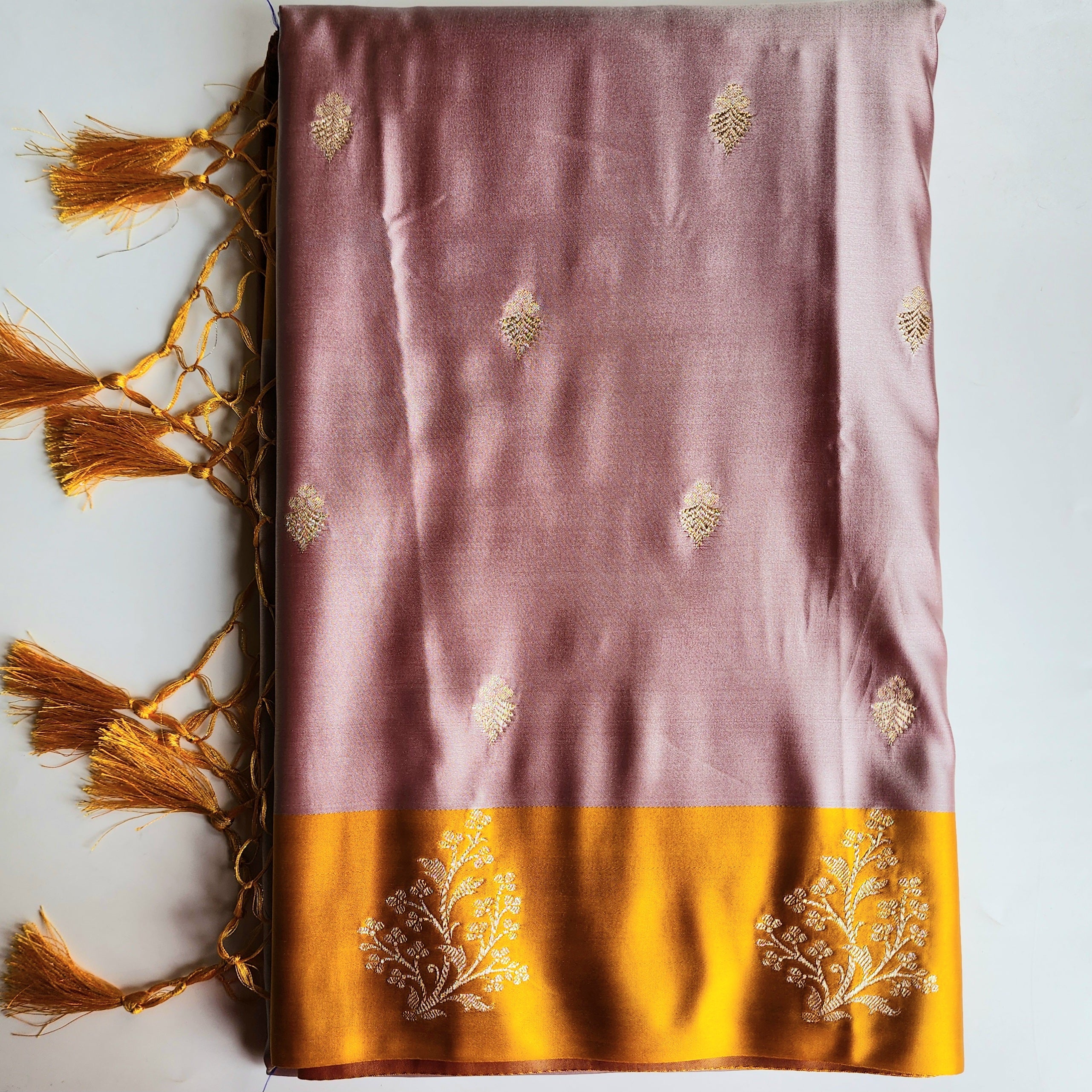 Dusty Rose Katan Silk Saree with Mustard Yellow Gold Zari Border