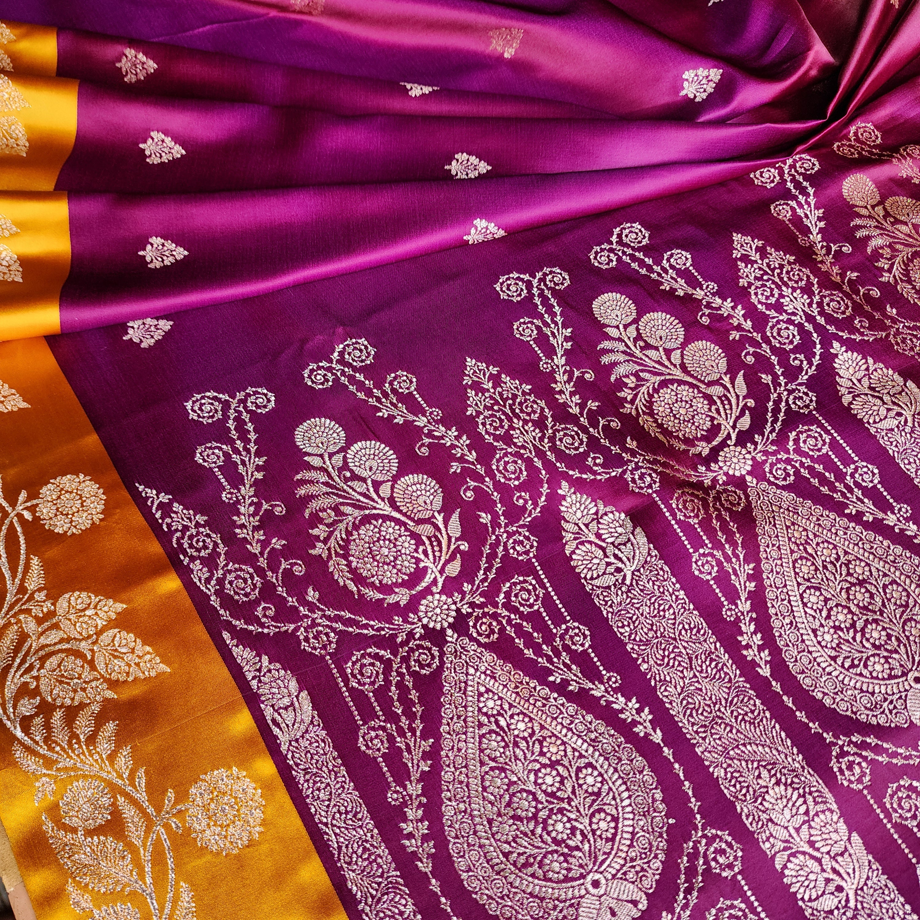 Wine Maroon Pure Banarasi Katan Silk Saree with Mustard Yellow Border