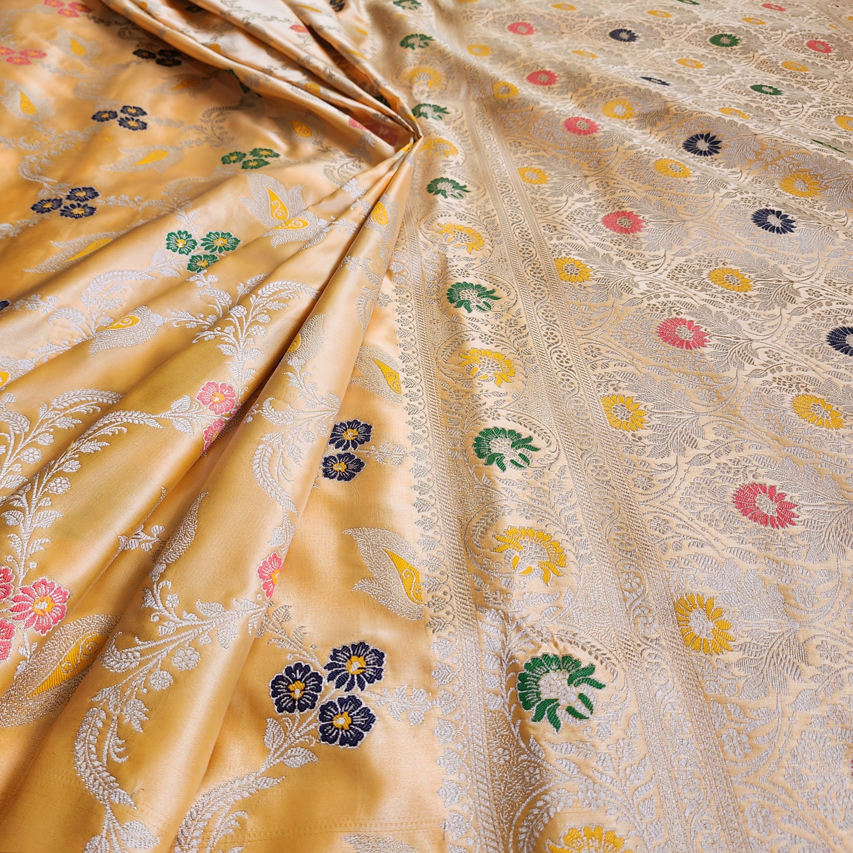 Enriched Light Orange Banarasi Katan Silk Saree with Multicolor Meenakari Floral Jaal