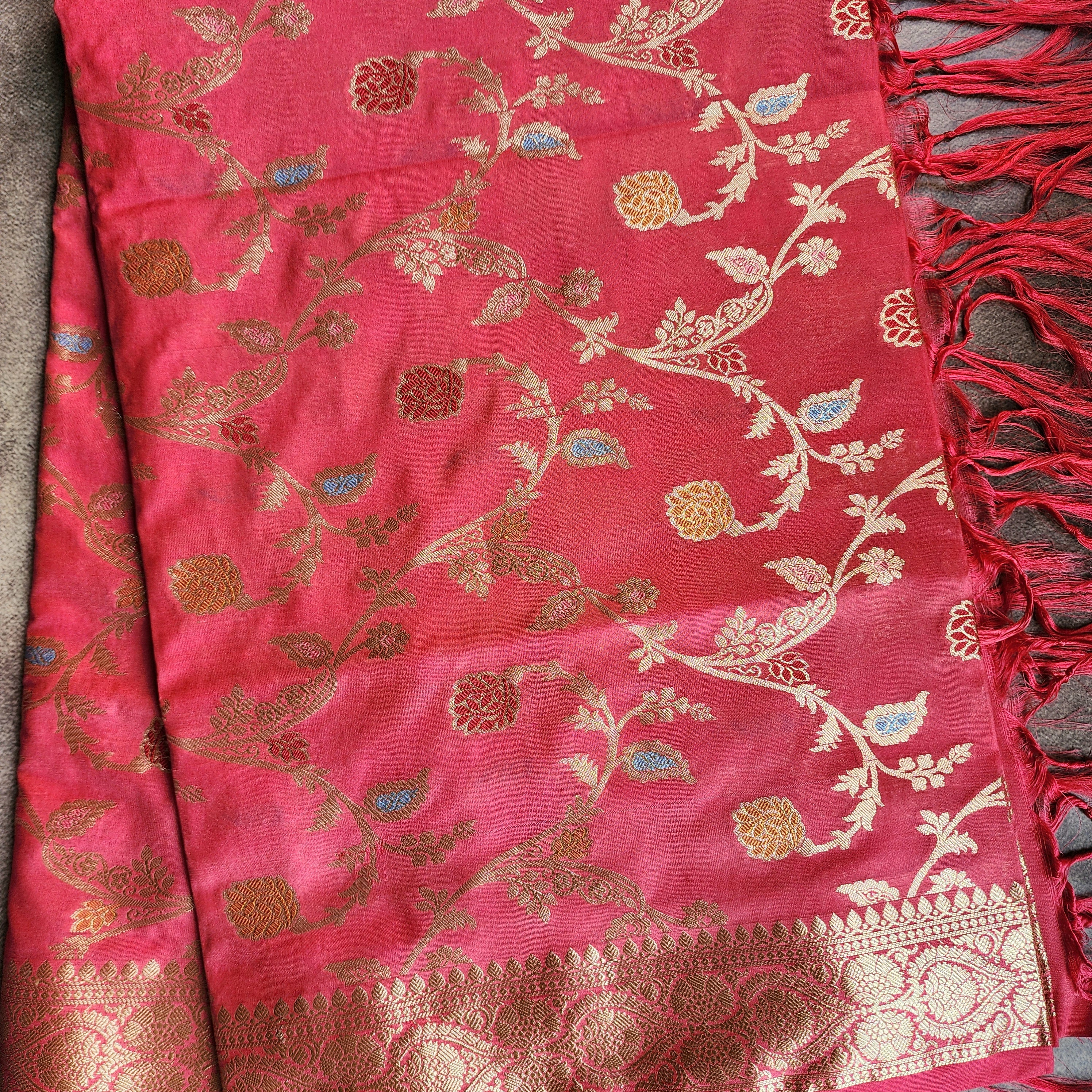Rani Pink Banarasi Silk Dupatta with Gold Zari Border & Multicolor Meenakari Work