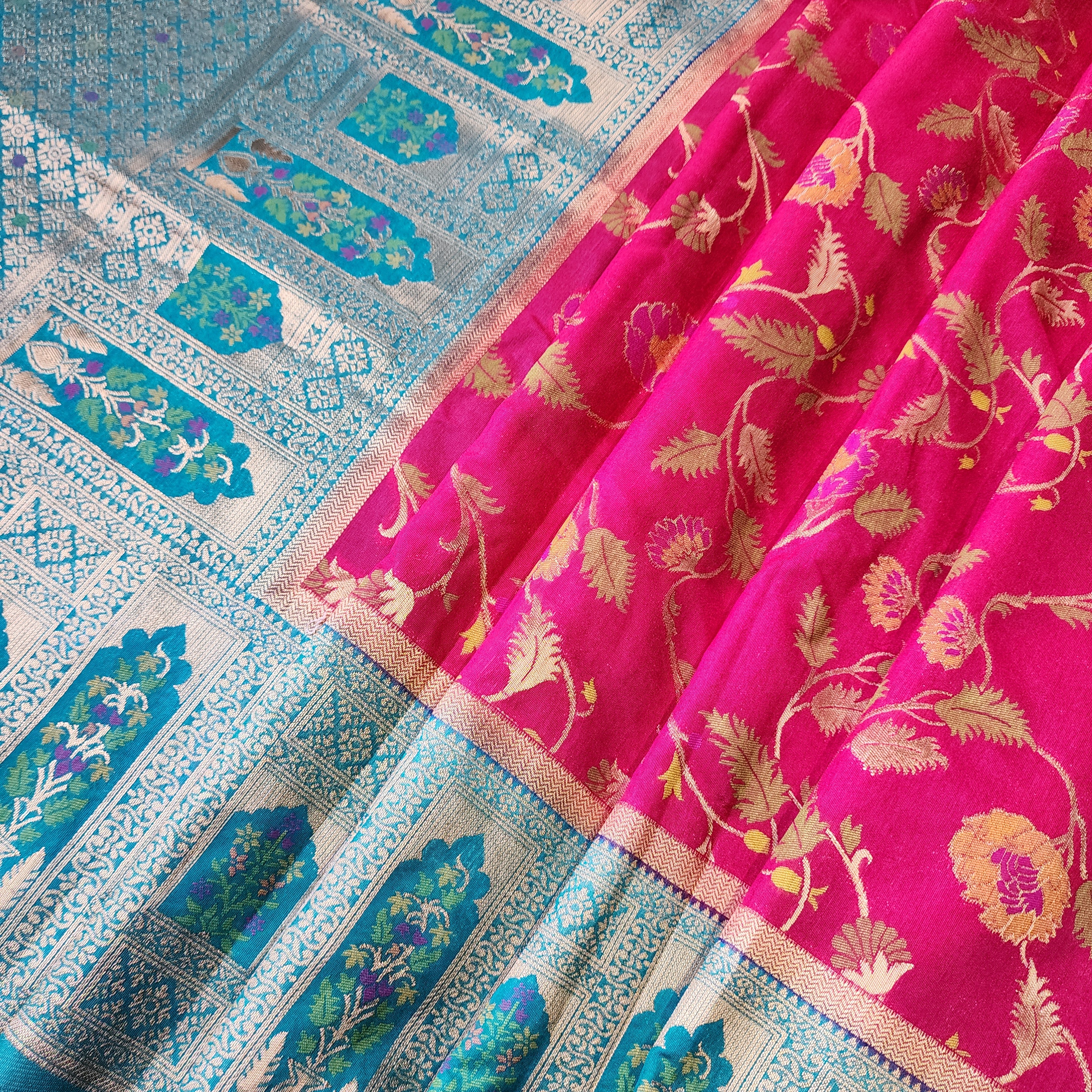 Rani Pink Dupion Patola with Turquoise Blue Border & Heavy Gold Zari