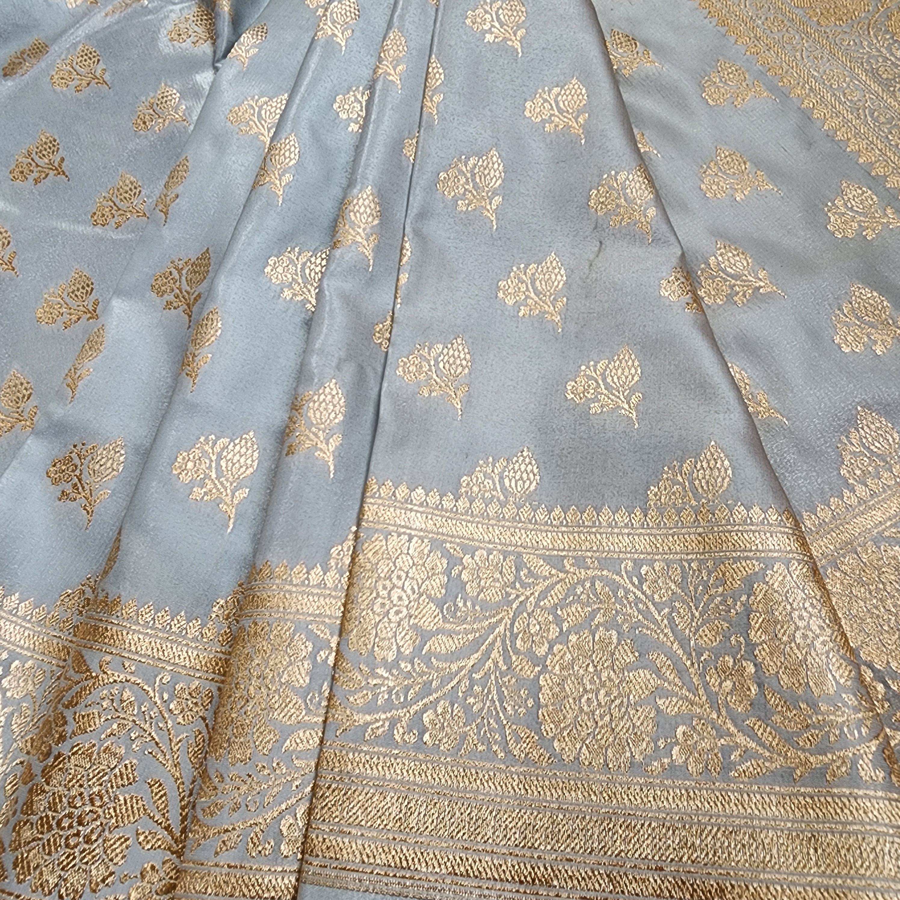 Rich Silver Grey Banarasi Silk Saree with Gold Zari Weaving
