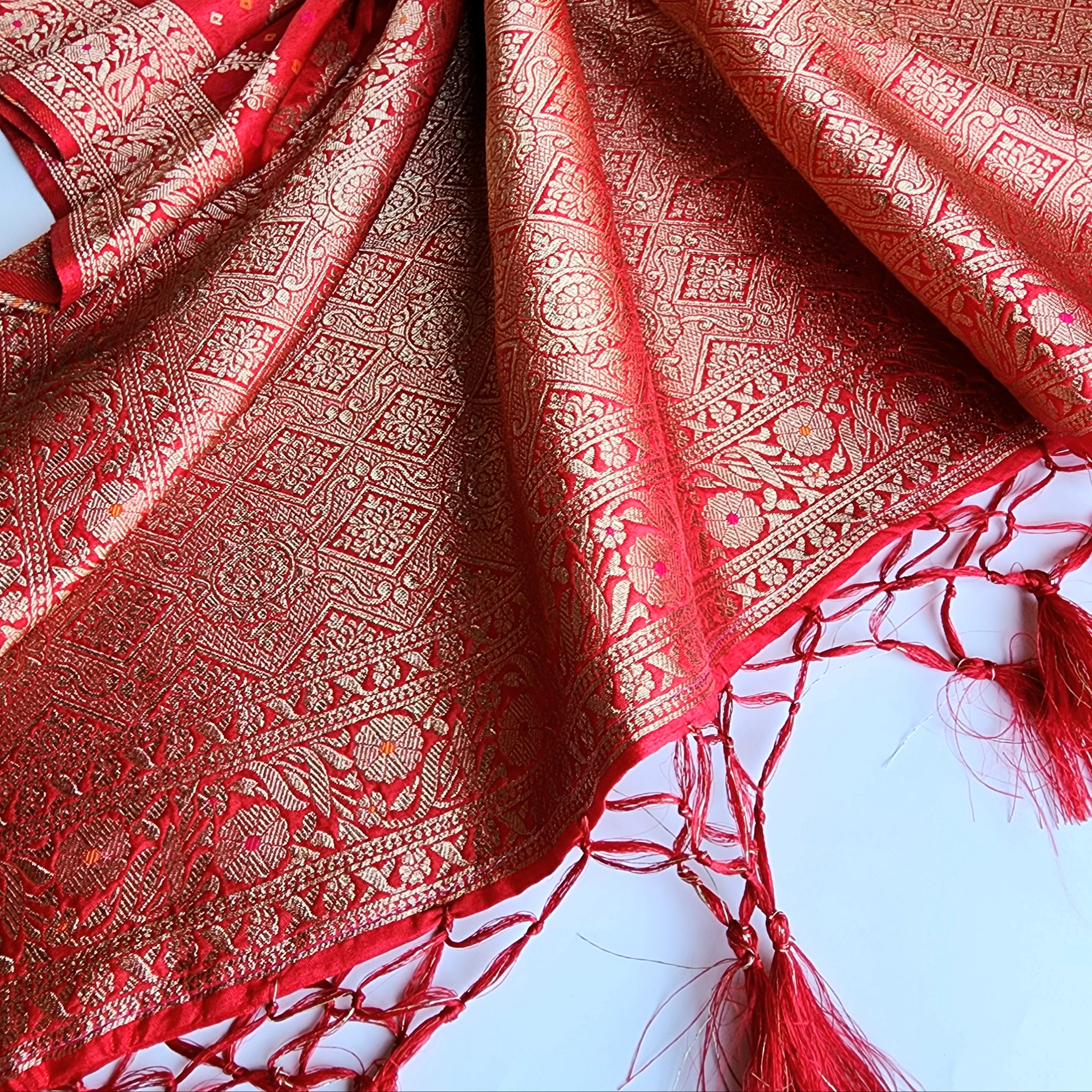 Crimson Red Bandhani Dupatta with Traditional Jaal