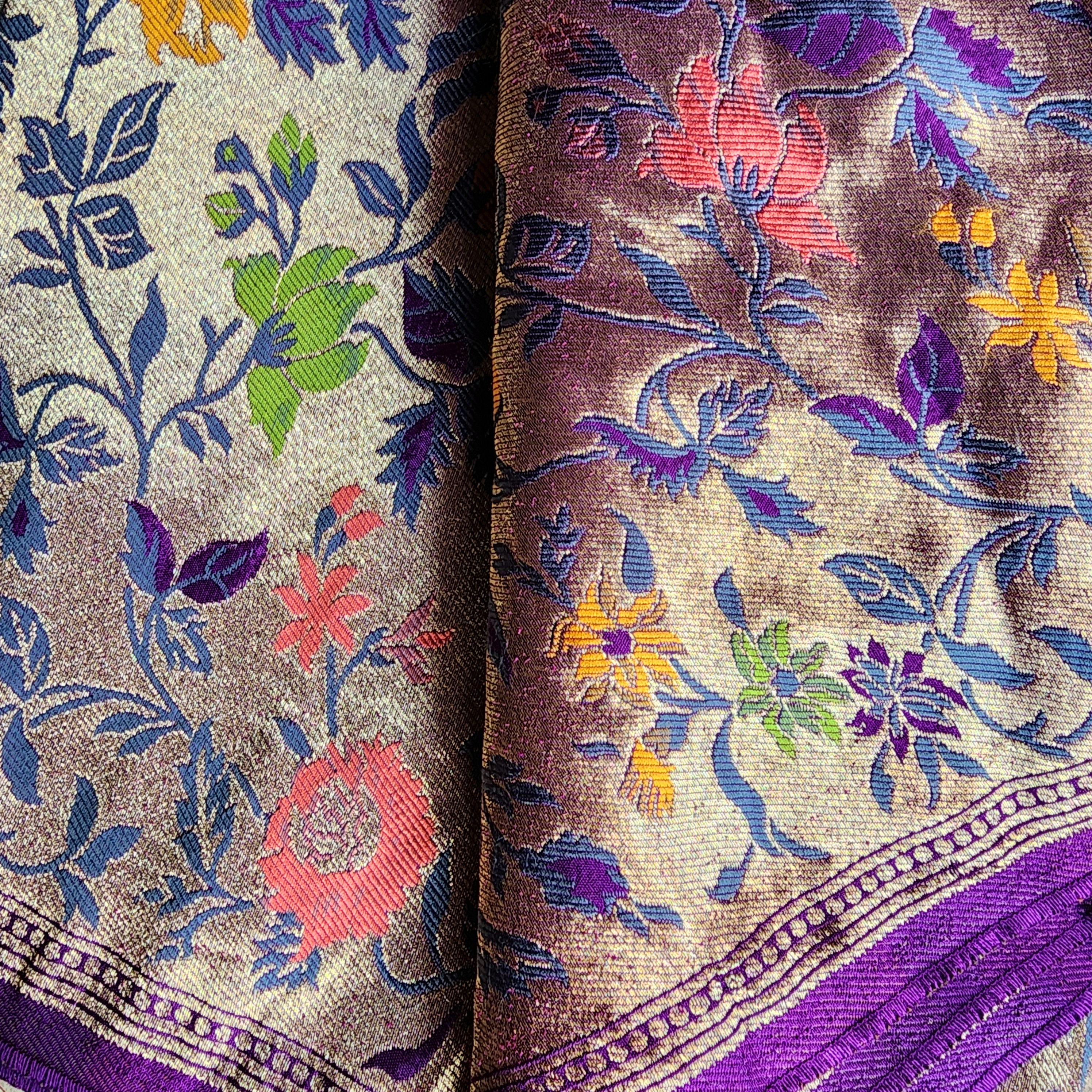 Soft Ivory Raw Silk Saree With Pastel Floral Weaving and Lilac Purple Border