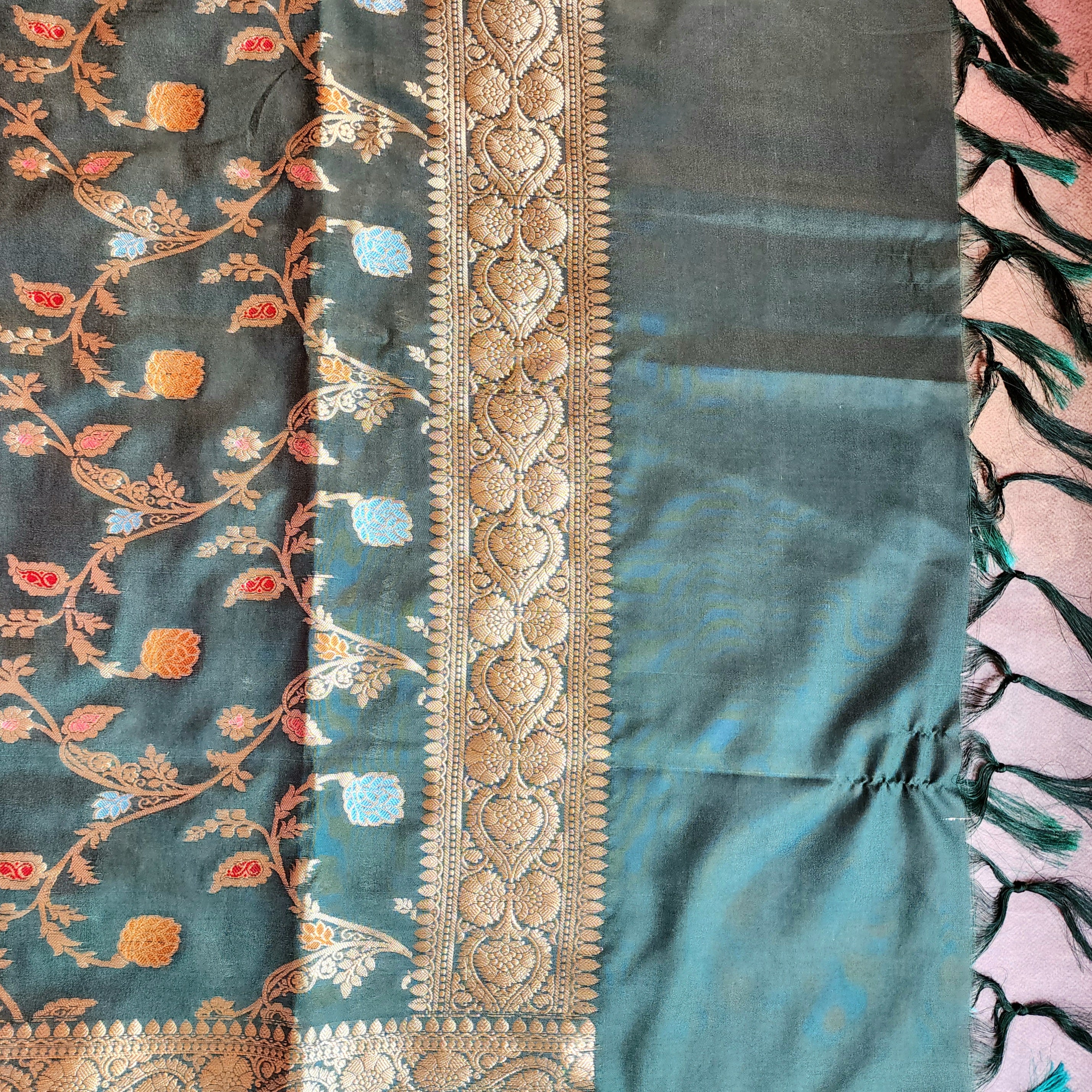 Bottle Green Banarasi Silk Dupatta with Gold Zari Border & Multicolor Meenakari Work