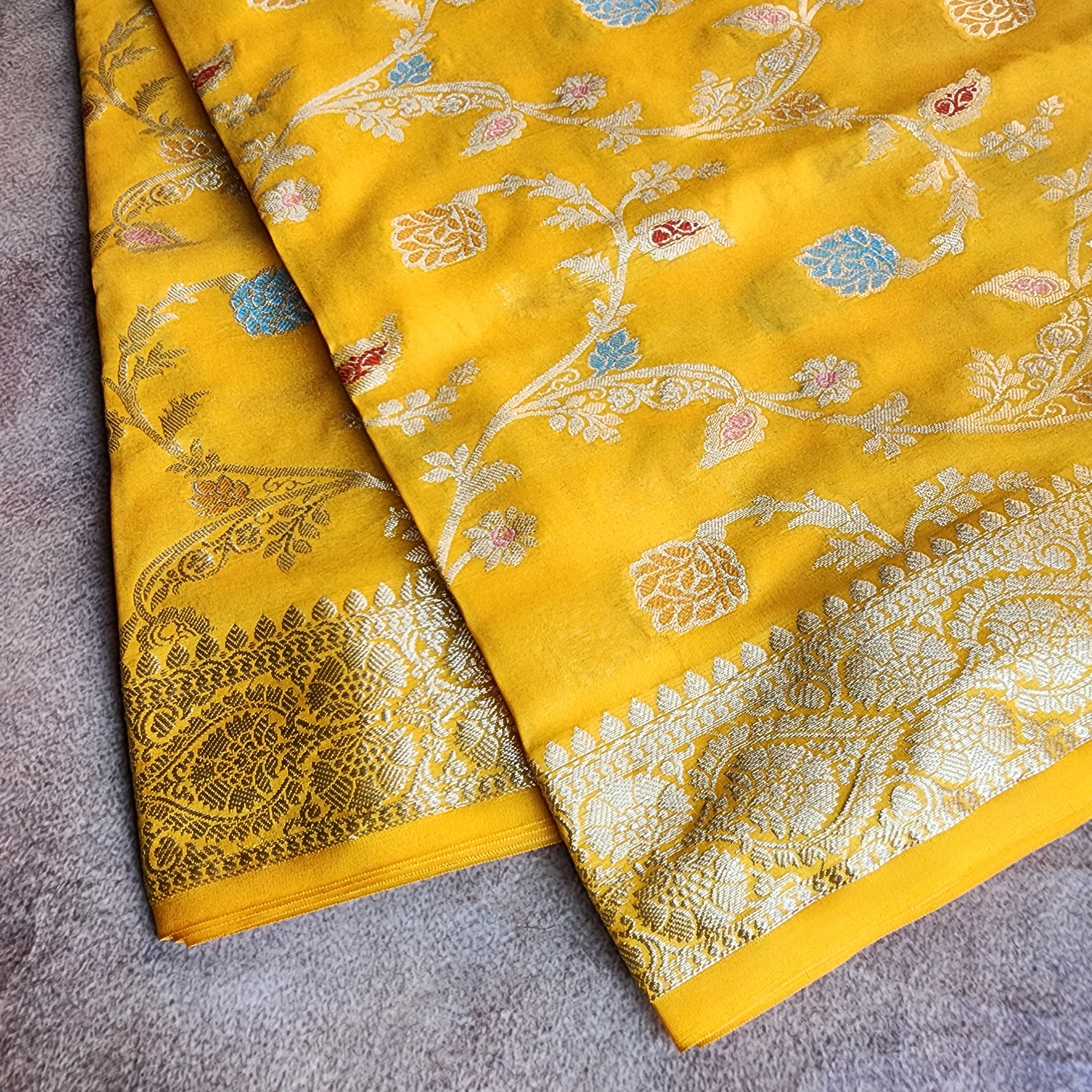 Mustard Yellow Banarasi Silk Dupatta with Gold Zari Border & Multicolor Meenakari Work