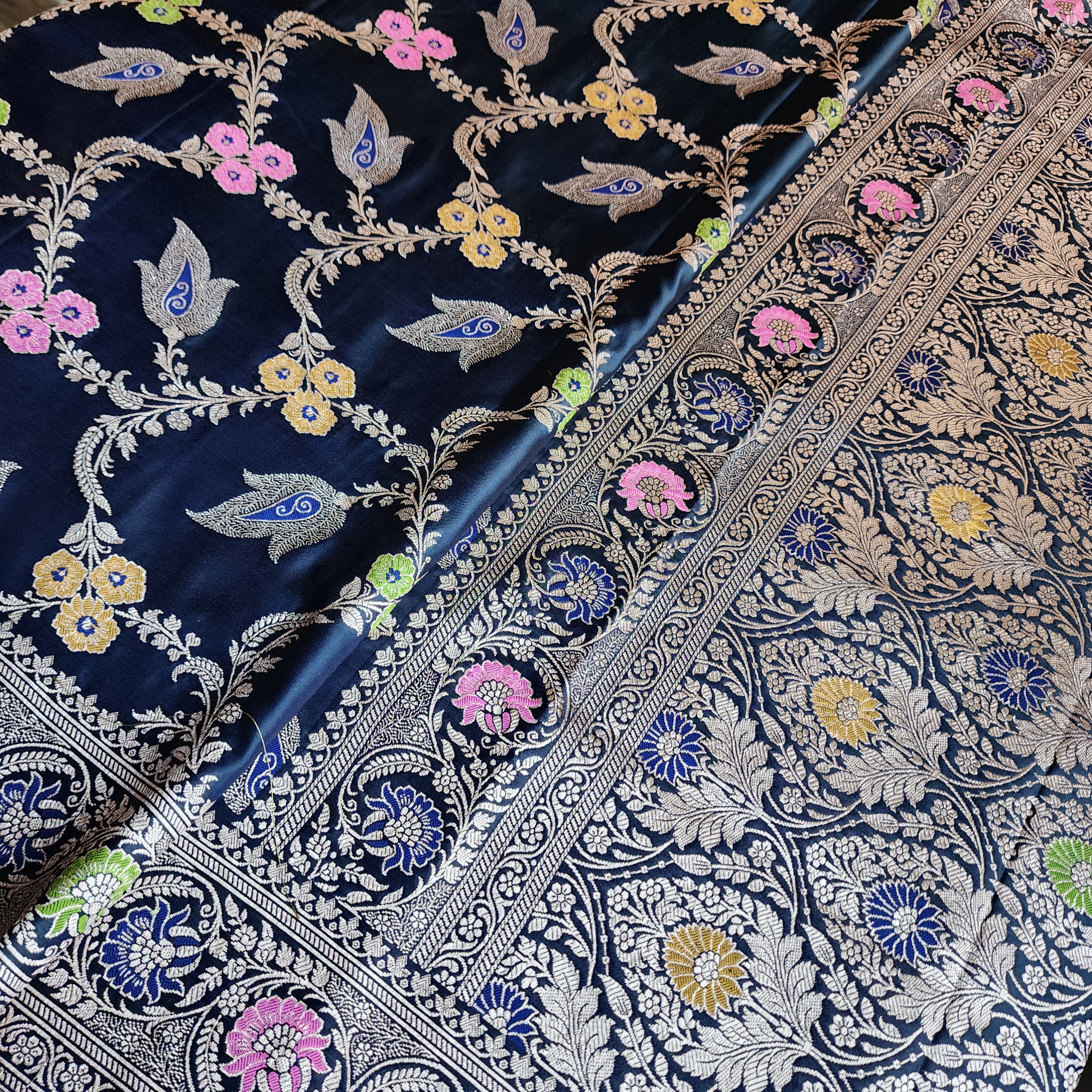 Enriched Midnight Blue Banarasi Katan Silk Saree with Multicolor Meenakari Floral Jaal
