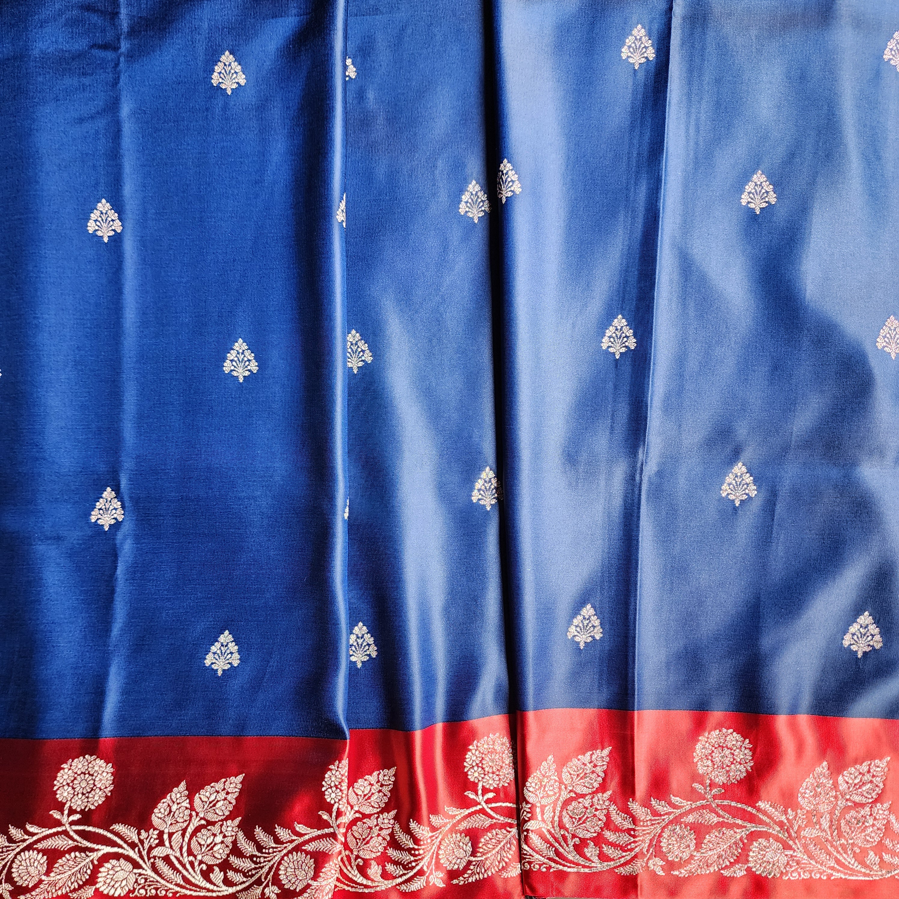 Navy Blue Pure Banarasi Katan Silk Saree with Vermilion Red Border