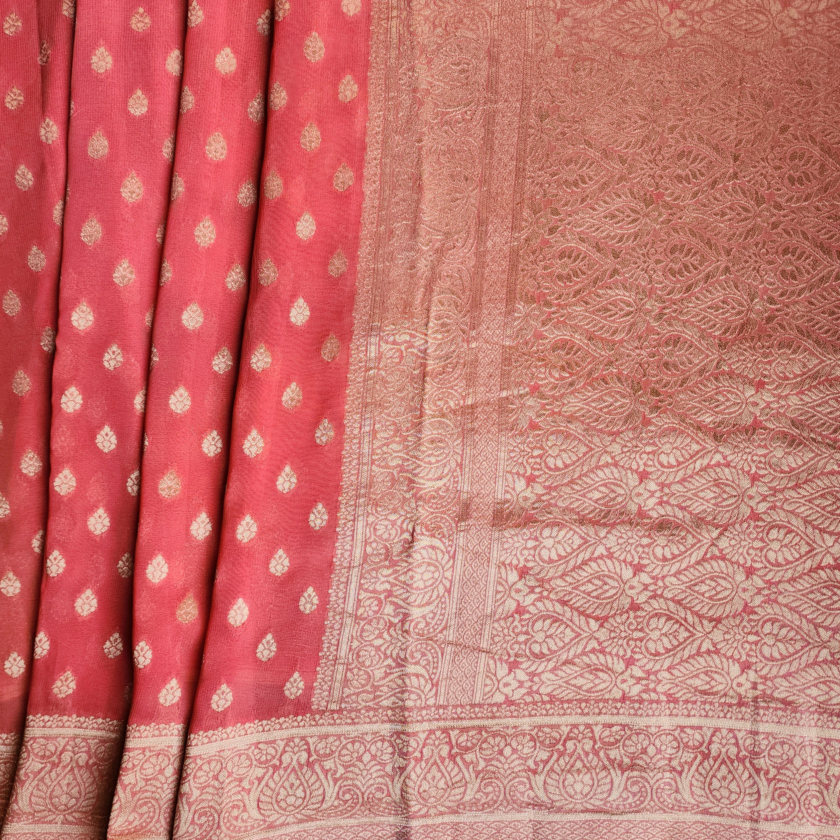 Peach Khaddi Georgette Pure Banarasi Saree with Golden Zari