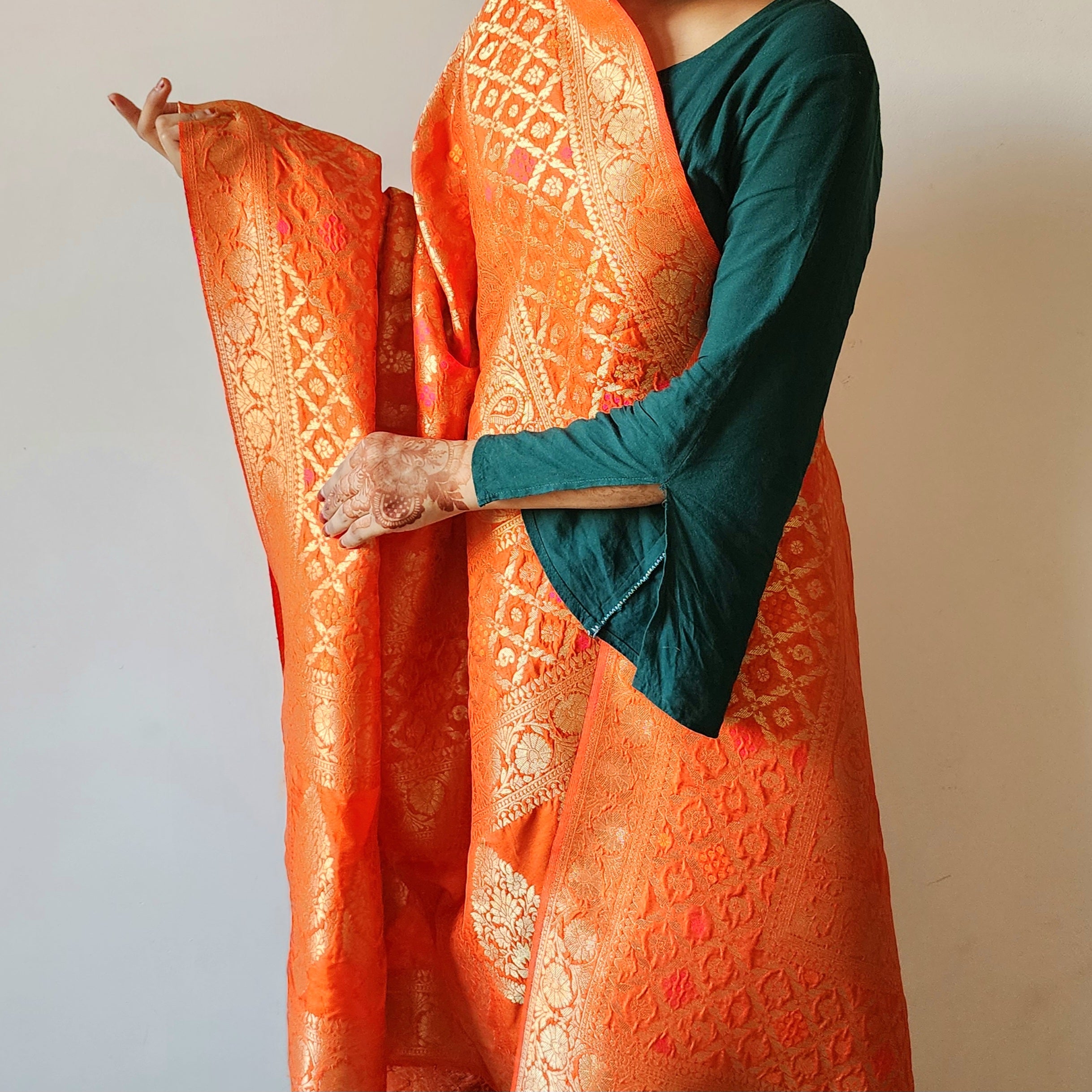 Burnt Orange Bandhani Dupatta with Floral and Geometric Zari Weave