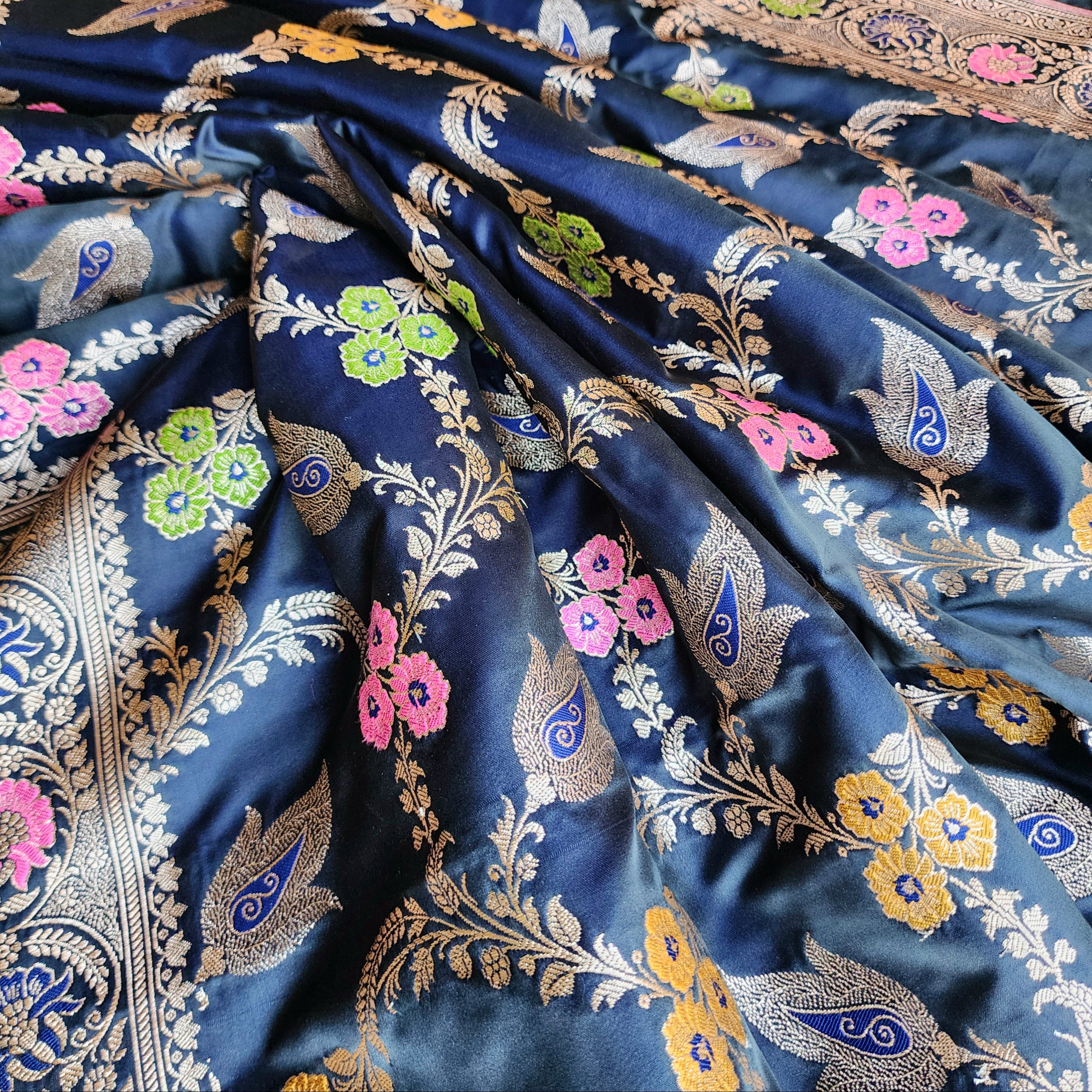 Enriched Midnight Blue Banarasi Katan Silk Saree with Multicolor Meenakari Floral Jaal