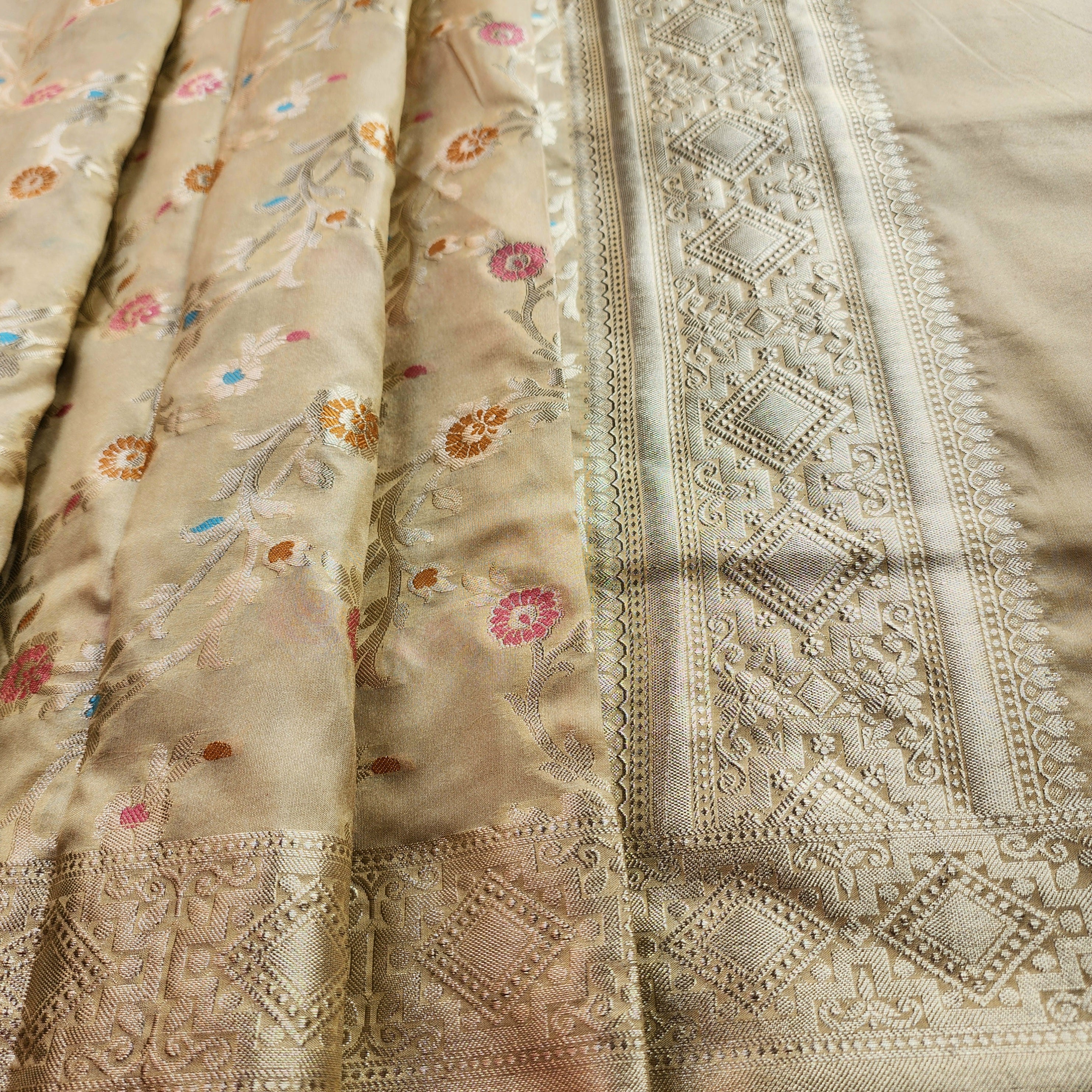Golden Grid Banarasi Silk Dupatta with Meenakari Work in Beige