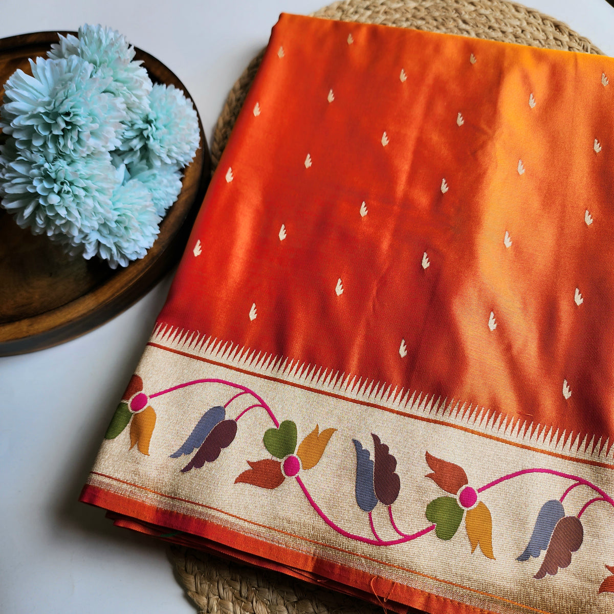 Raahi - Bright Orange Paithani Silk Saree with Stitched Blouse