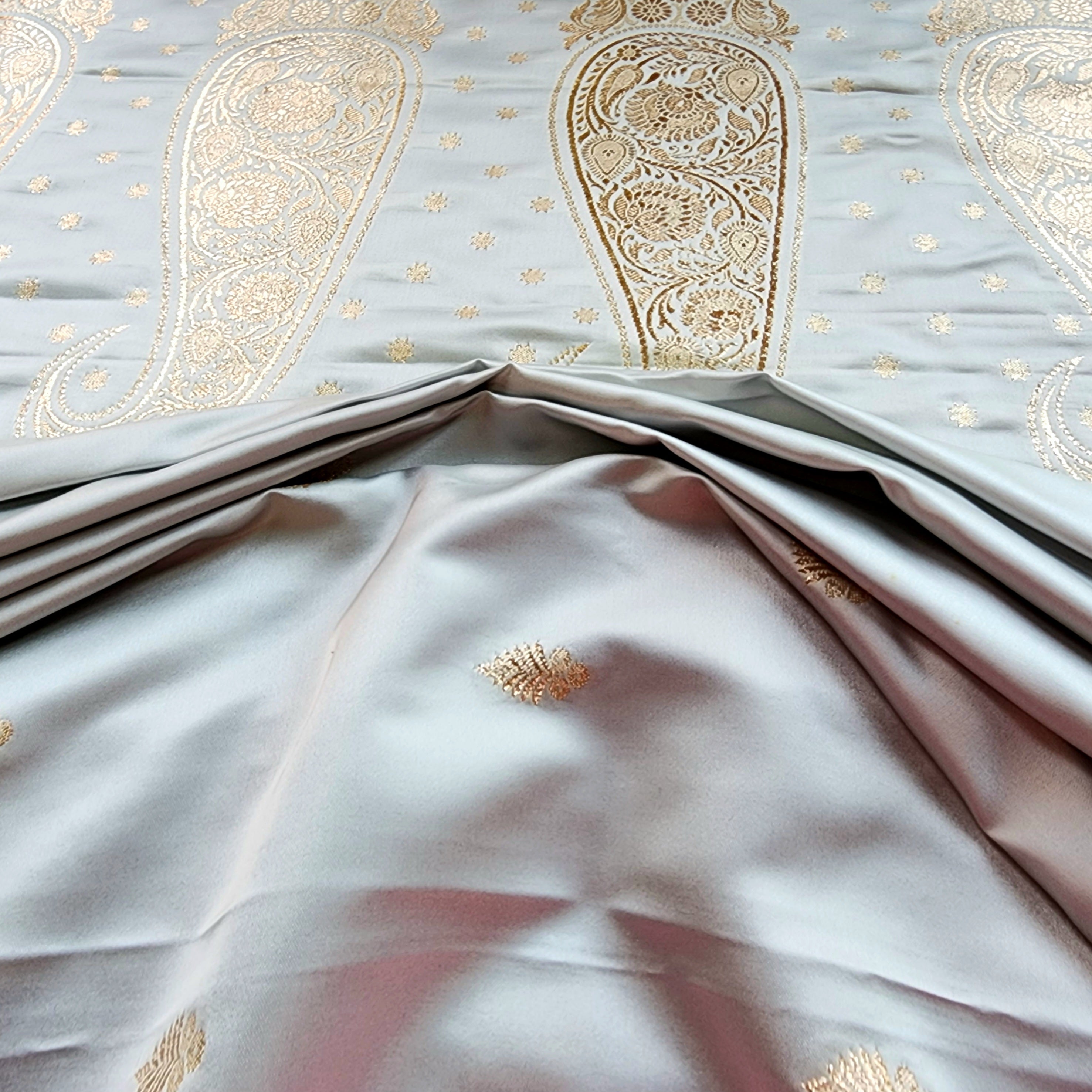 Ice Blue Katan Silk Saree with Peach Beige Gold Zari Border