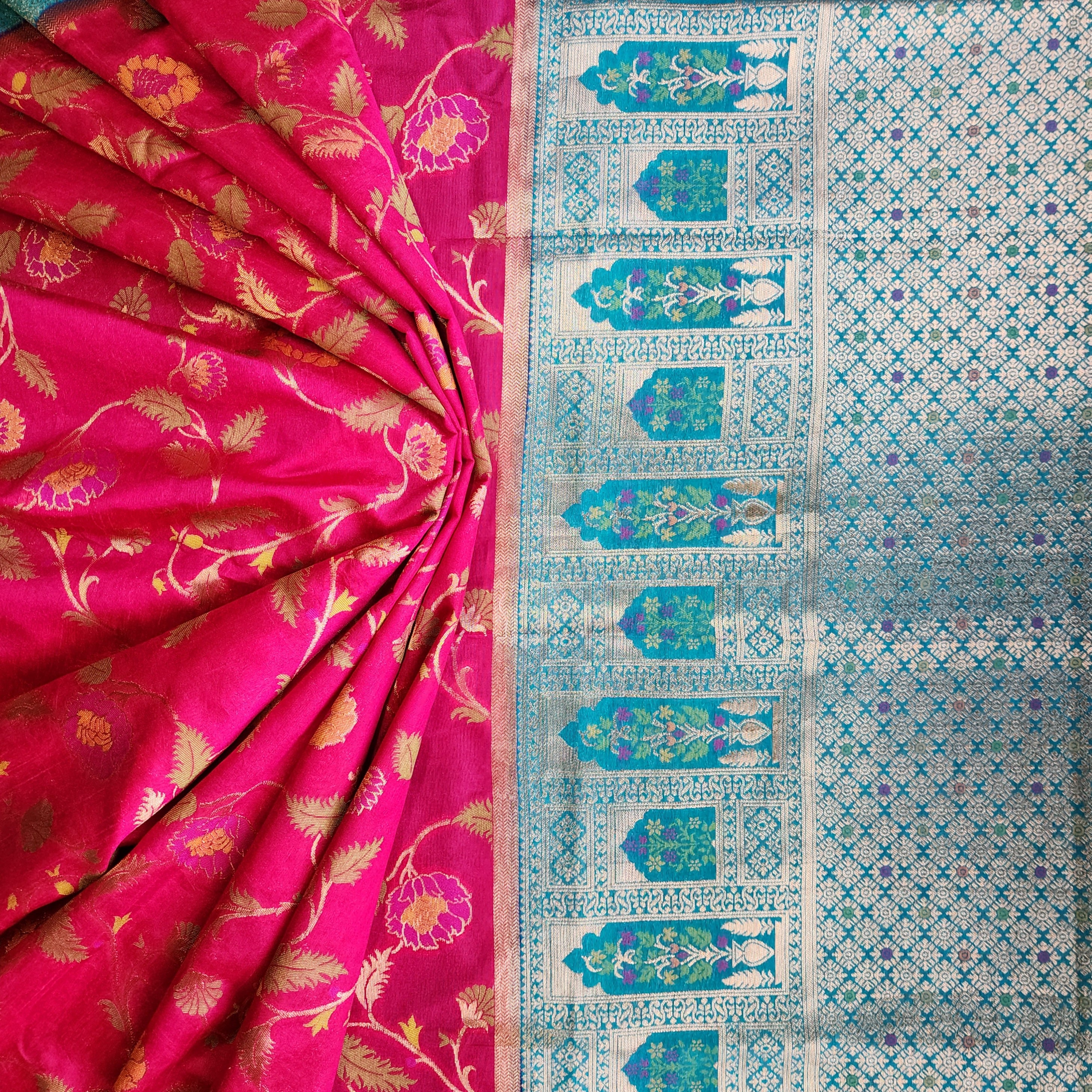 Rani Pink Dupion Patola with Turquoise Blue Border & Heavy Gold Zari