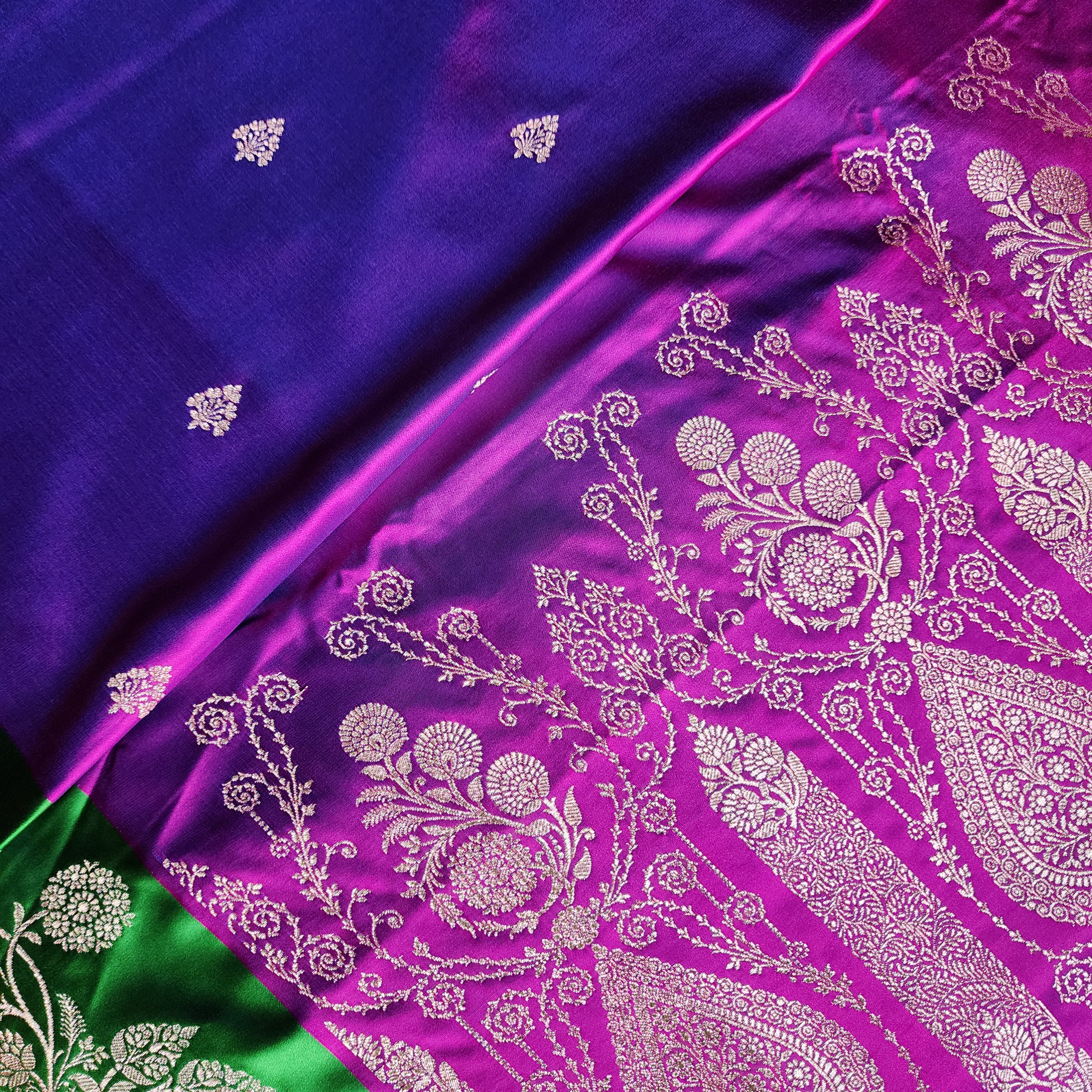 Royal Purple Pure Banarasi Katan Silk Saree with Leaf Green Border