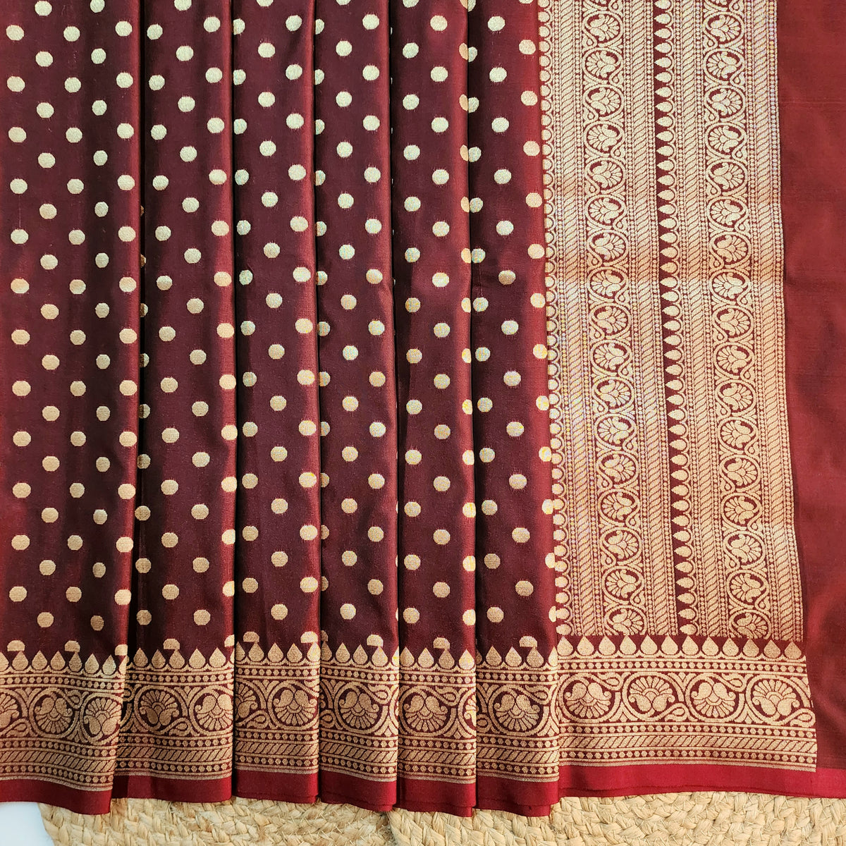 Burgundy Banarasi Silk Dupatta with Gold Polka Dot
