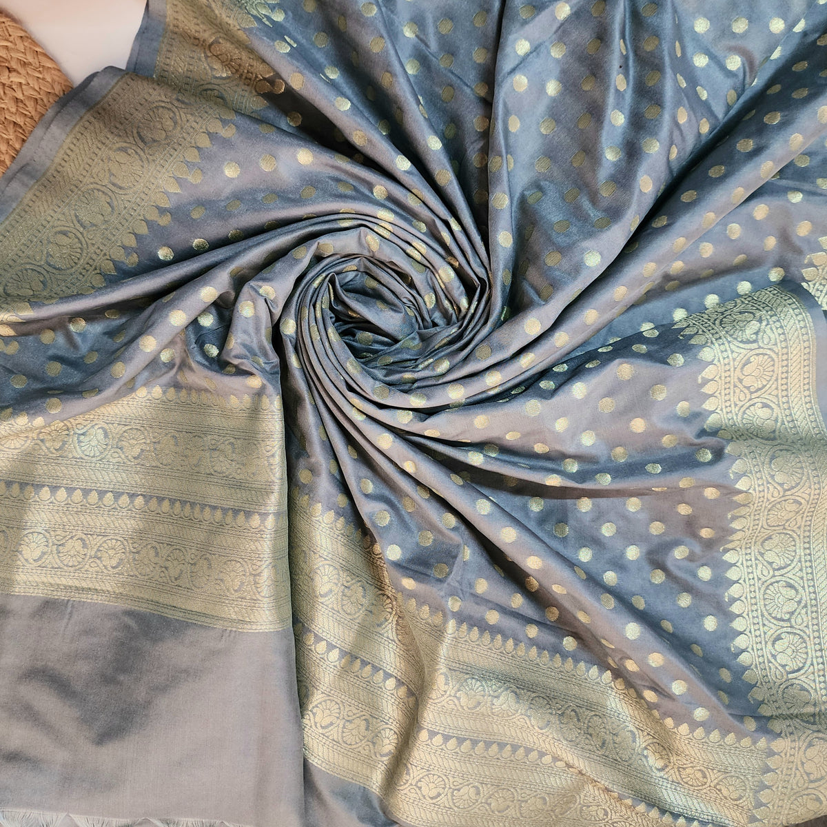 Slate Blue Banarasi Silk Dupatta with Gold Polka Dot
