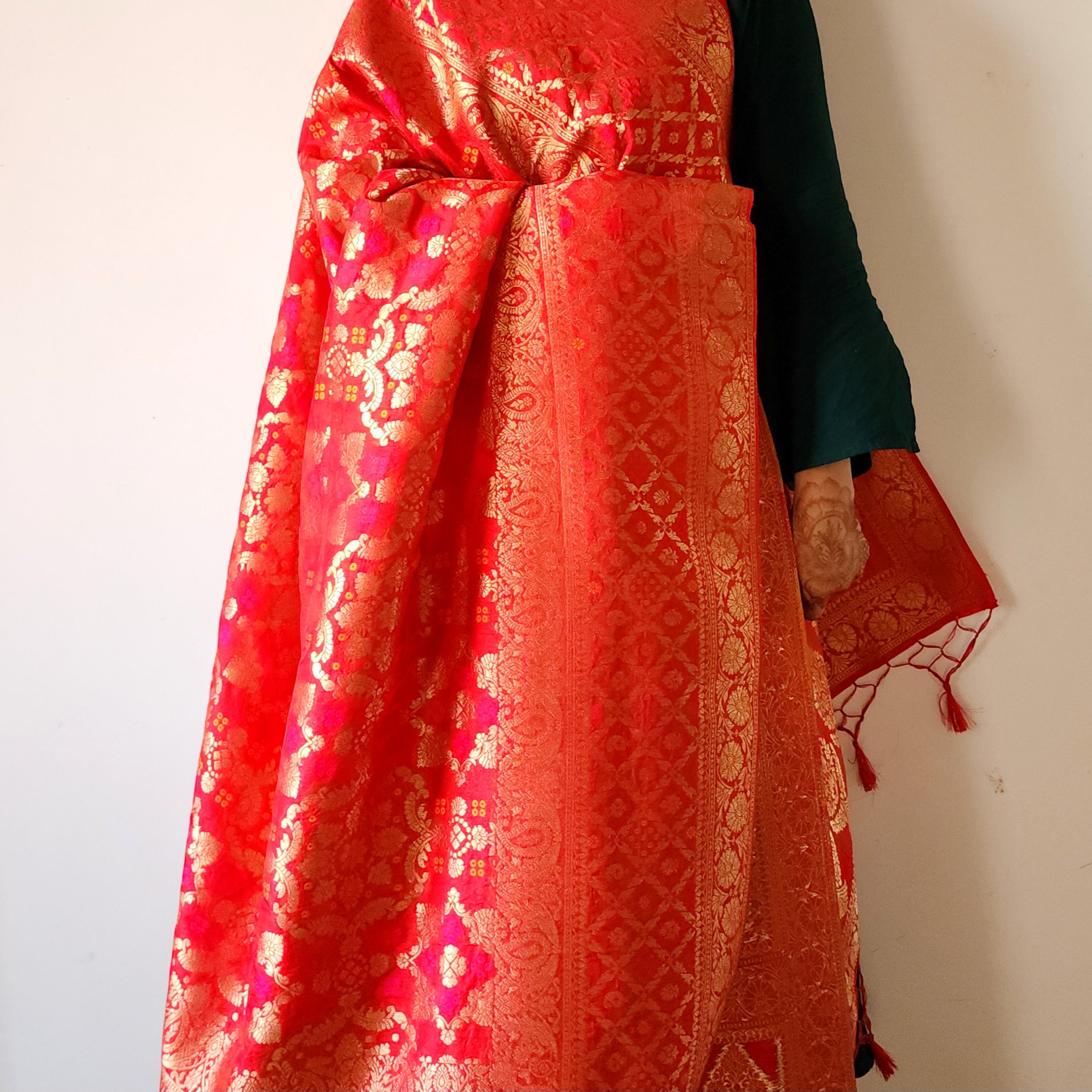 Deep Ruby Red Bandhani Dupatta with Floral and Geometric Zari Weave