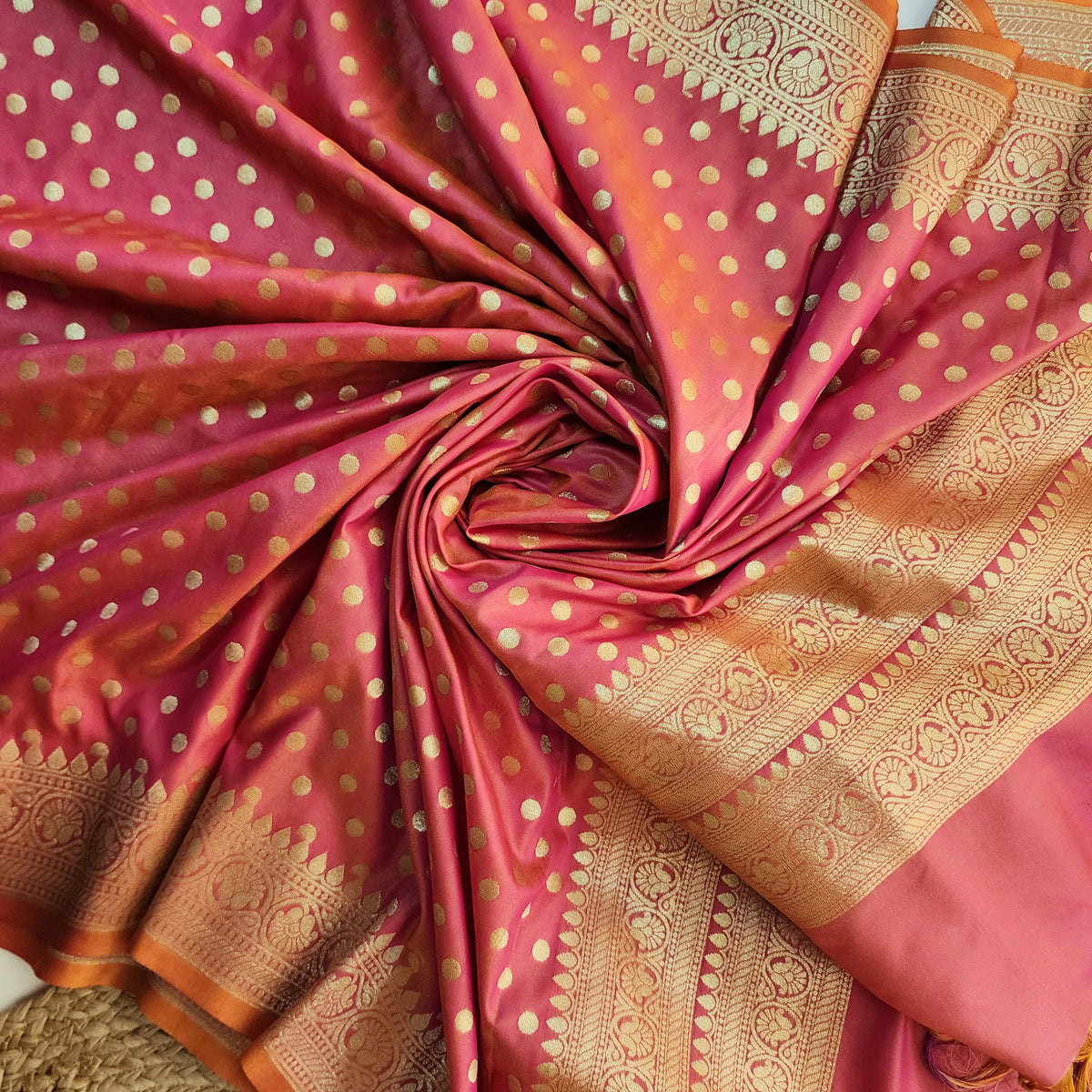 Coral Red Banarasi Silk Dupatta with Gold Polka Dot