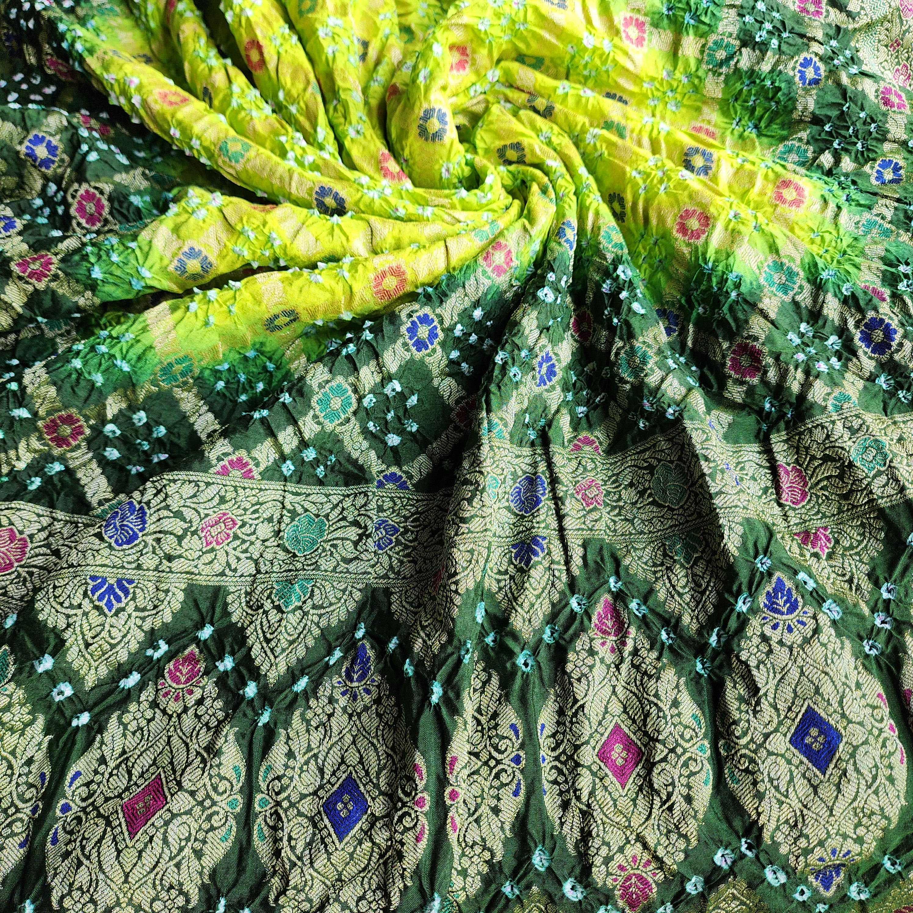 Dual-Tone Green Bandhni Dupatta with Golden Border & Banarasi Meenakari Work