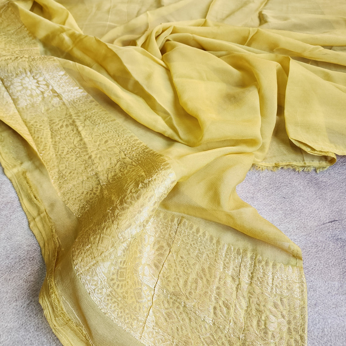 Yellow Khaddi Georgette Pure Banarasi Saree with Gold Zari