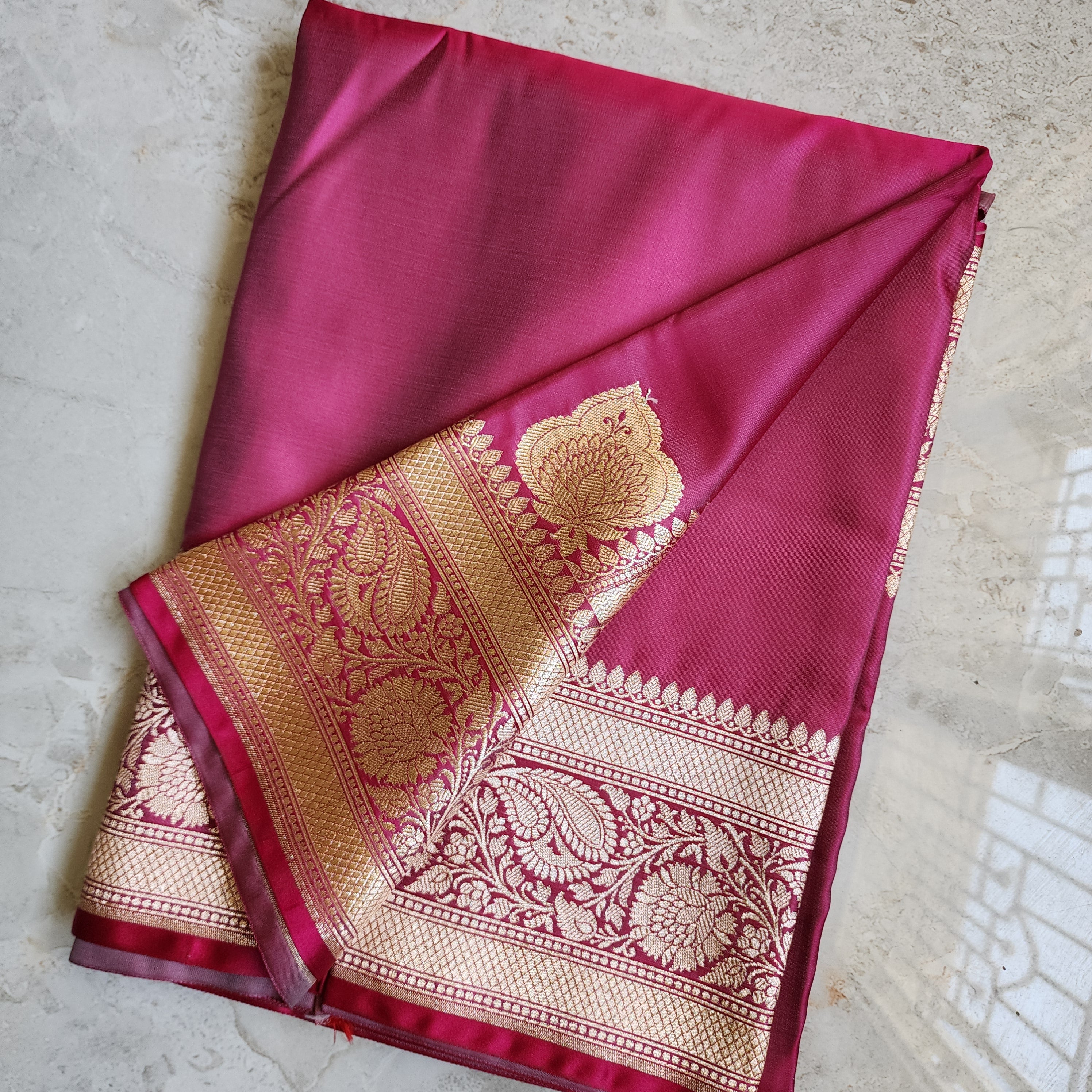 Hot Pink Pure Banarasi Katan Silk Saree with light Gold Zari Weaving