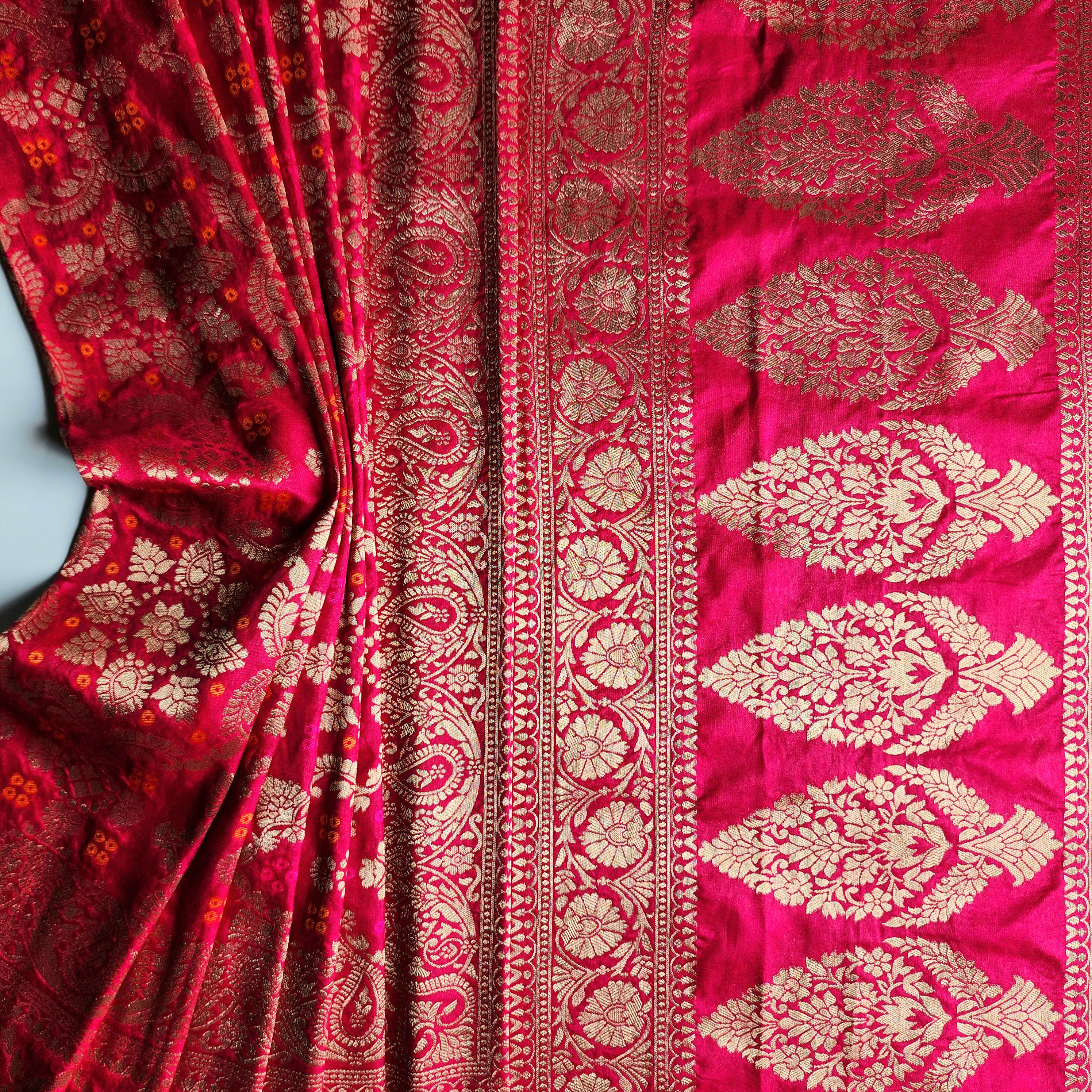 Wine Magenta Bandhani Dupatta with Floral and Geometric Zari Weave