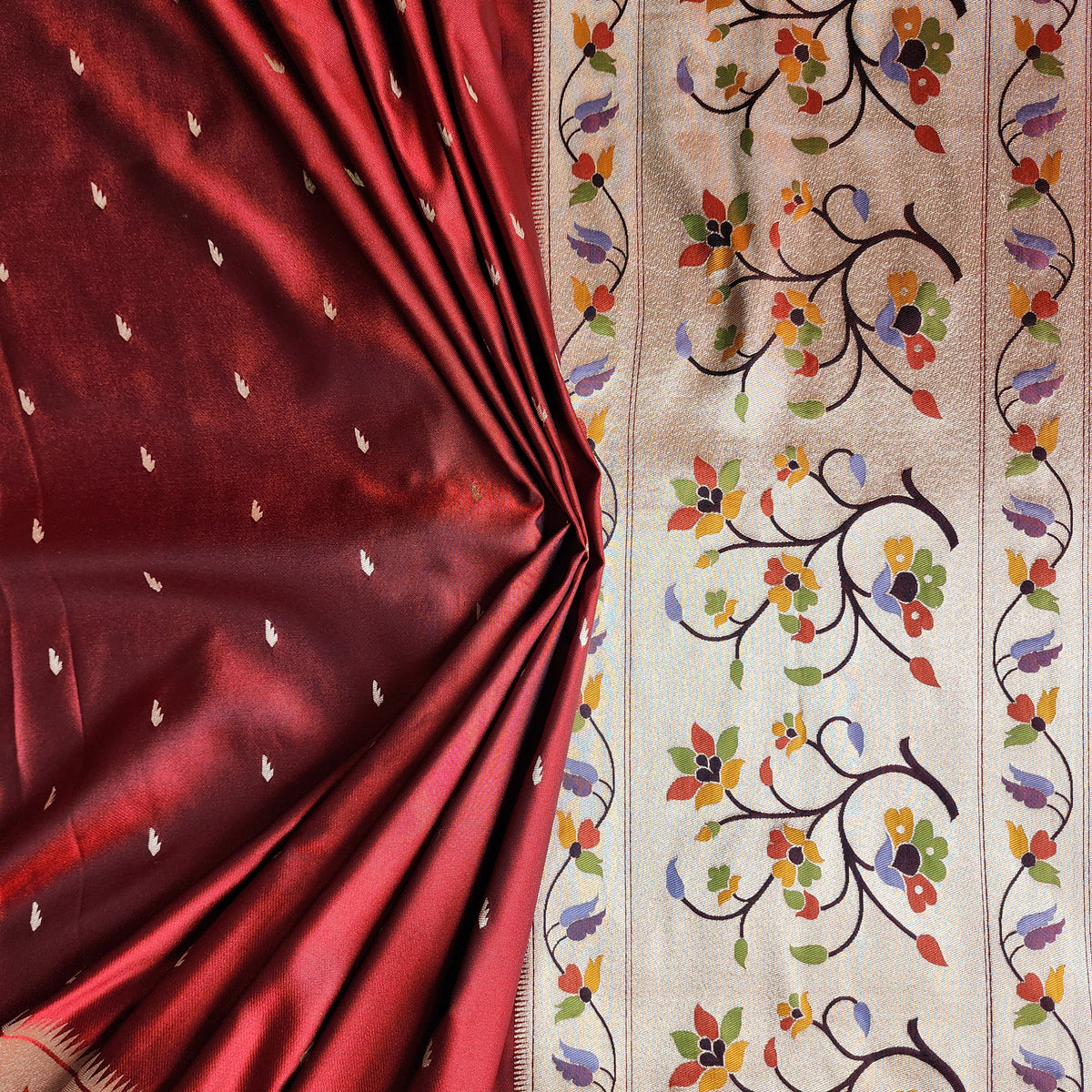 Raahi - Maroon Paithani Silk Saree with Stitched Blouse
