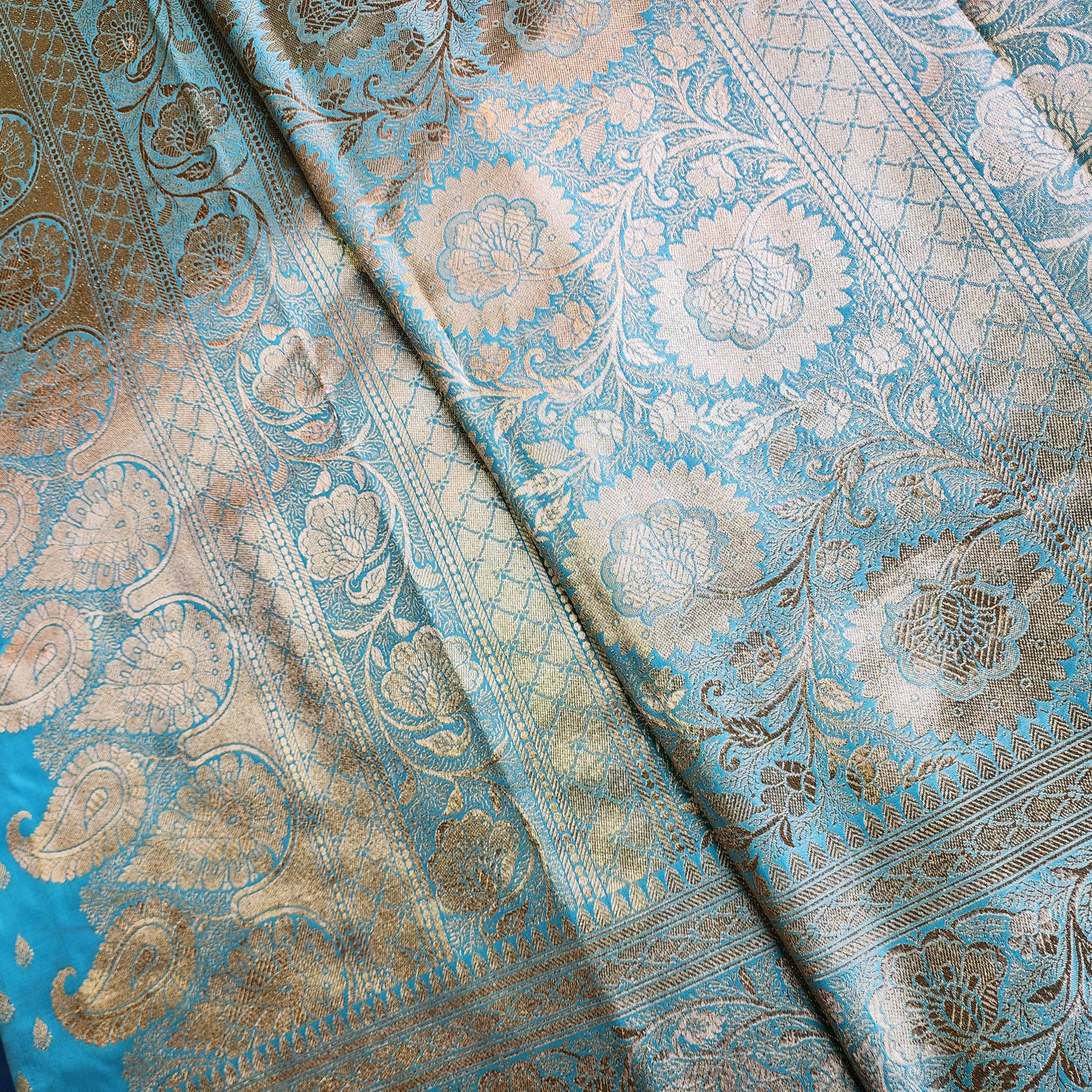 Rich Sky Blue Banarasi Silk Saree with Gold Zari Weaving