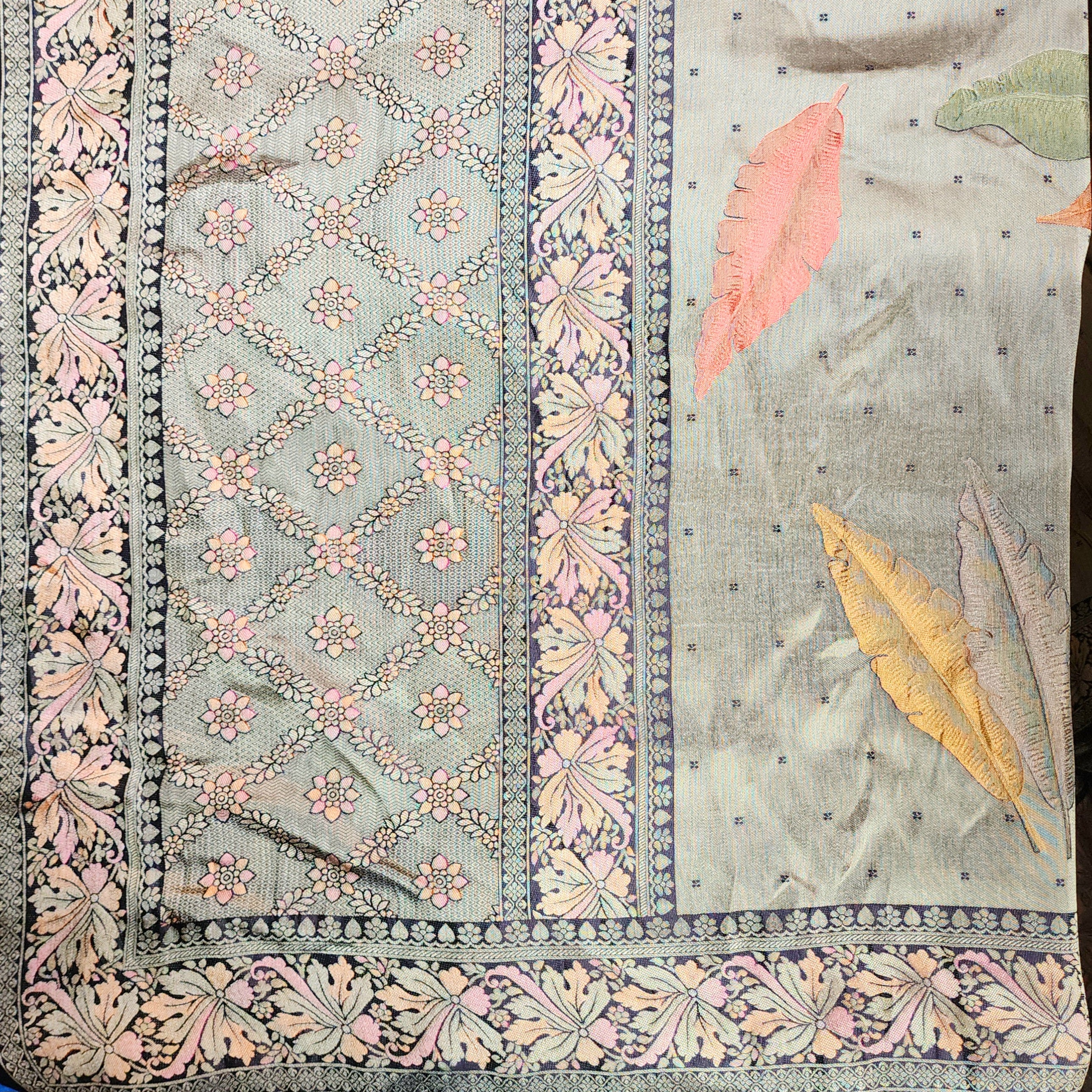 Dove Grey Tissue Silk Saree with Artistic Leaf Motifs