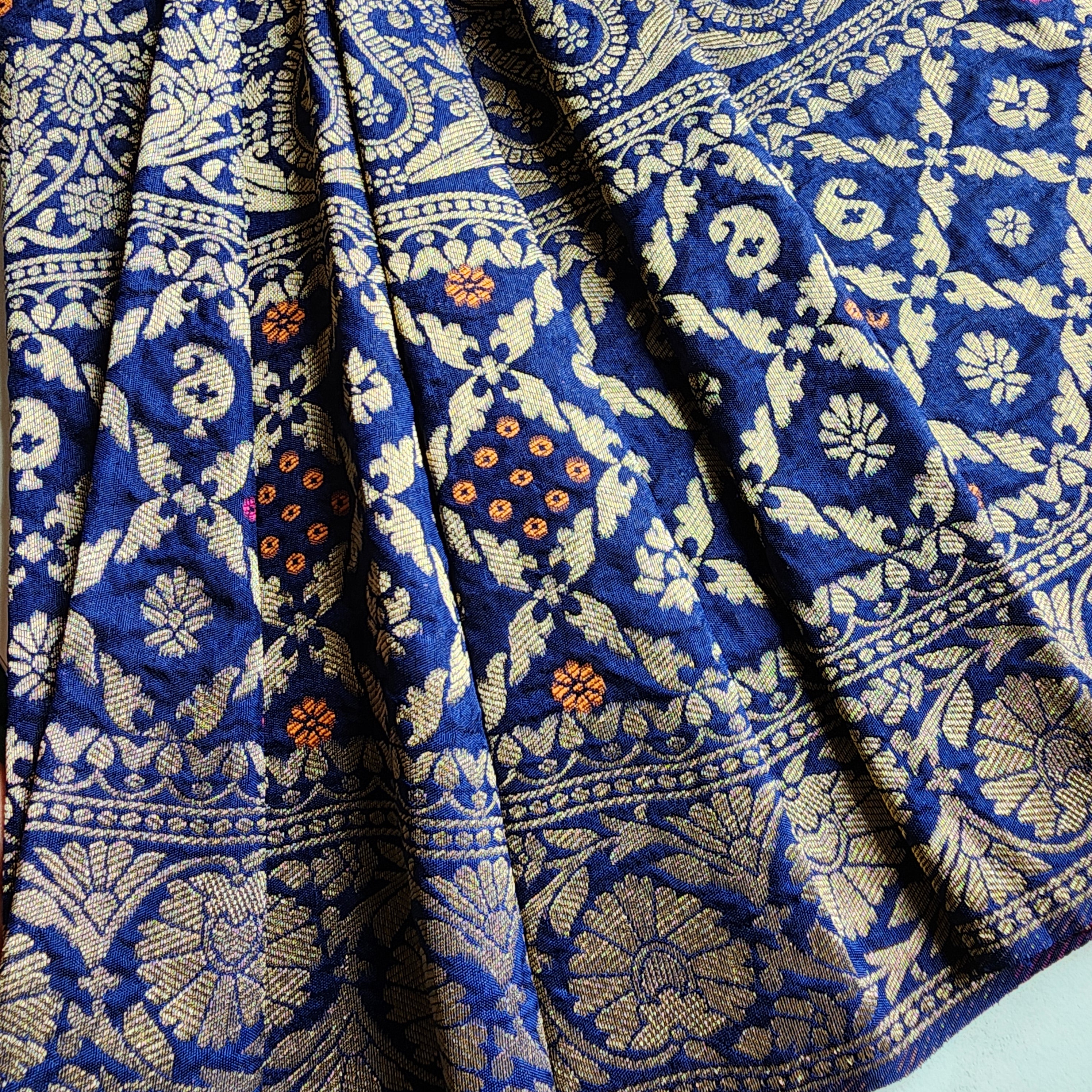 Royal Navy Blue Bandhani Dupatta with Floral and Geometric Zari Weave