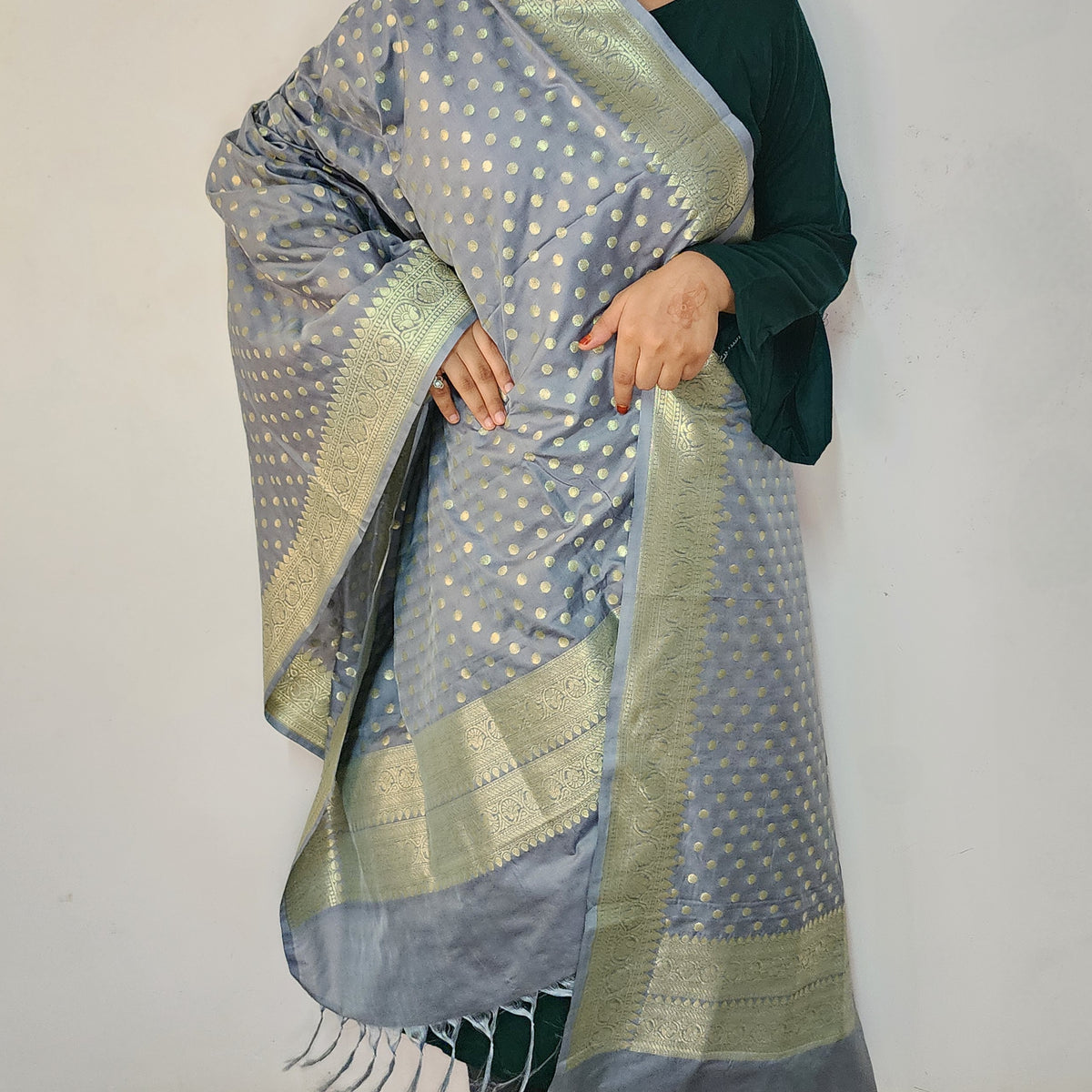 Slate Blue Banarasi Silk Dupatta with Gold Polka Dot