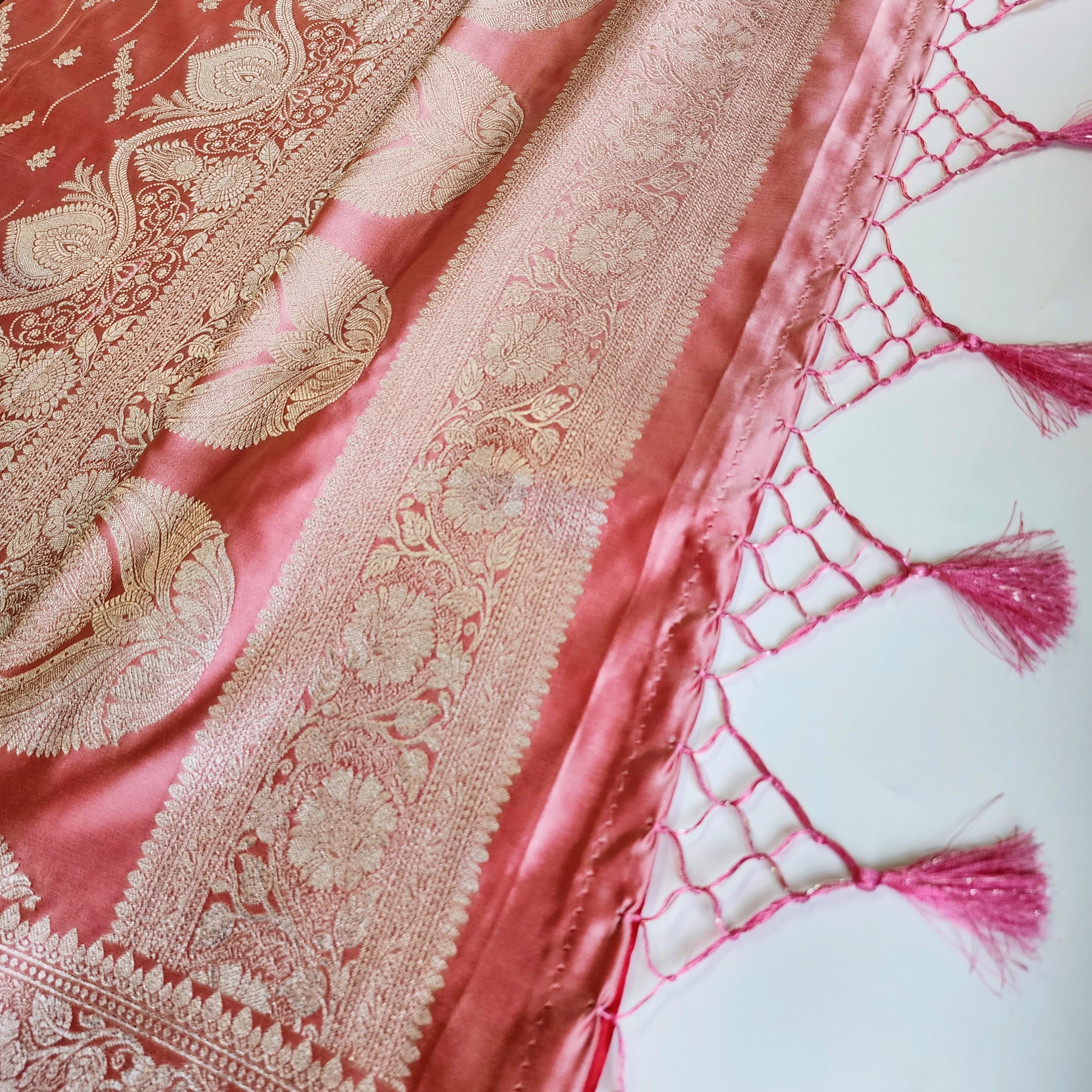 Pastel Baby Pink Banarasi Katan Silk Saree with Light Gold Zari weaving