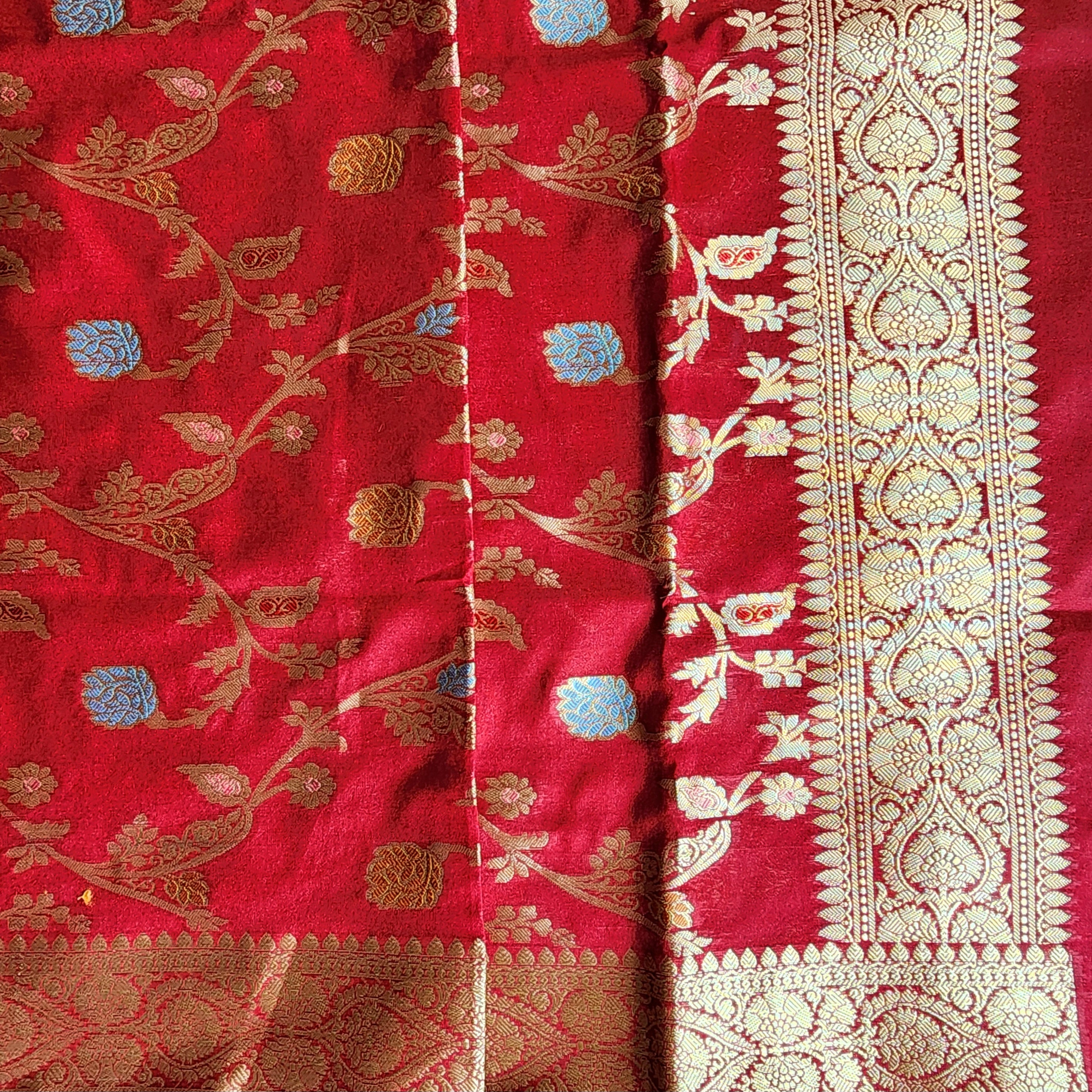 Maroon Banarasi Silk Dupatta with Gold Zari Border & Multicolor Meenakari Work