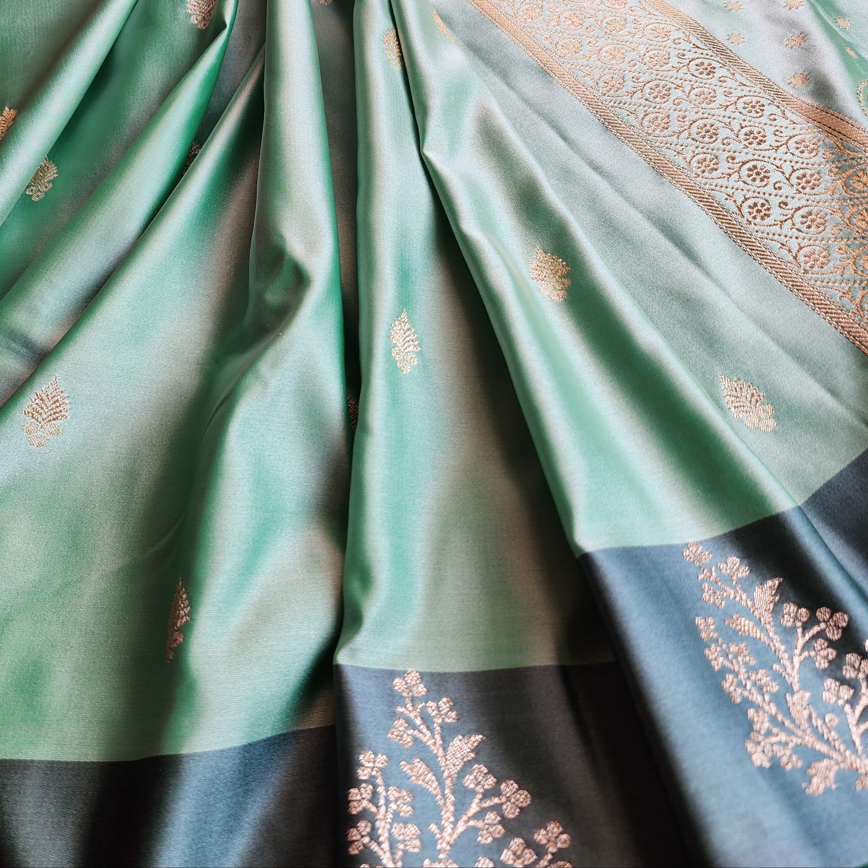 Sea Green Katan Silk Saree with Peacock Green Gold Zari Border