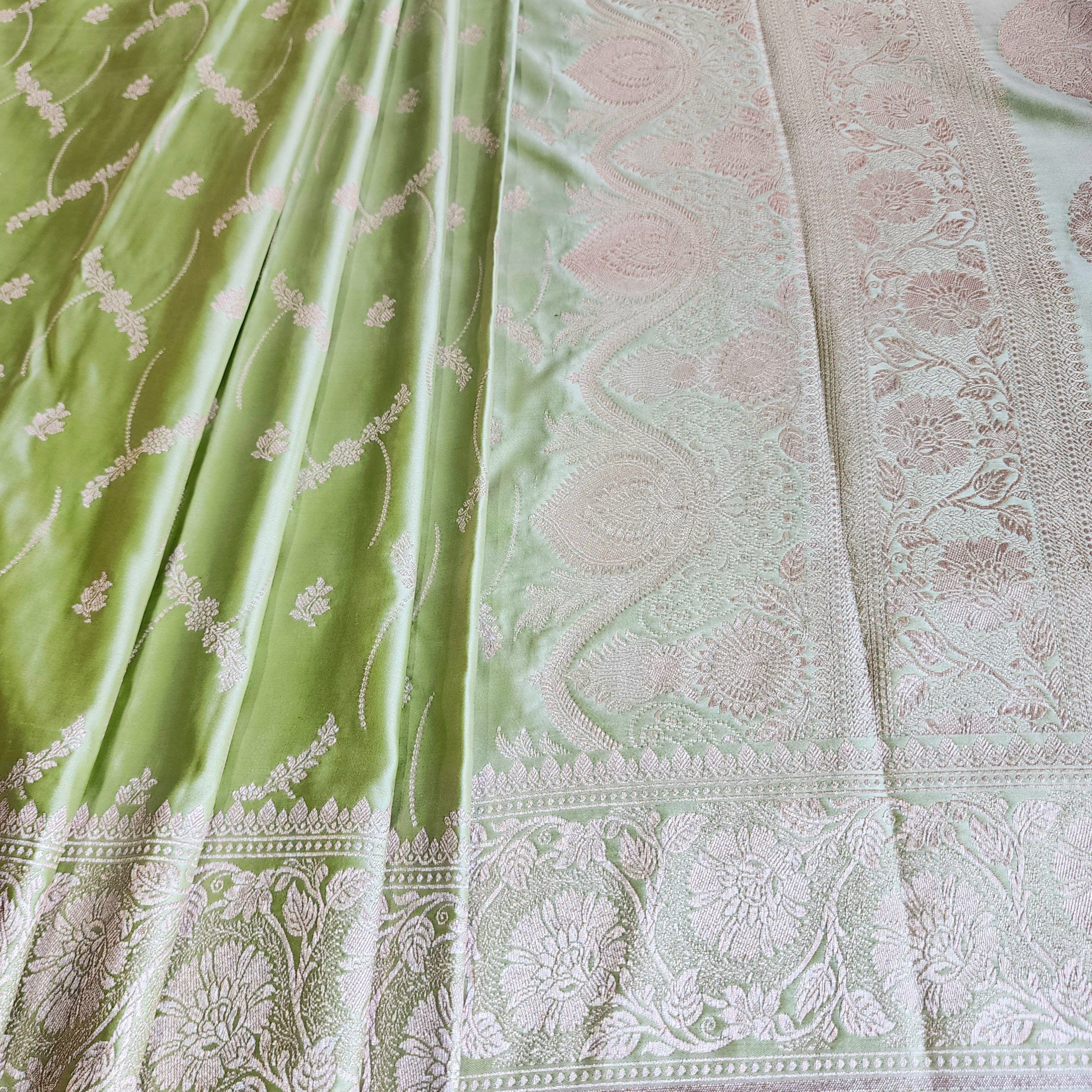 Pastel Sage Green Banarasi Katan Silk Saree with Light Gold Zari weaving