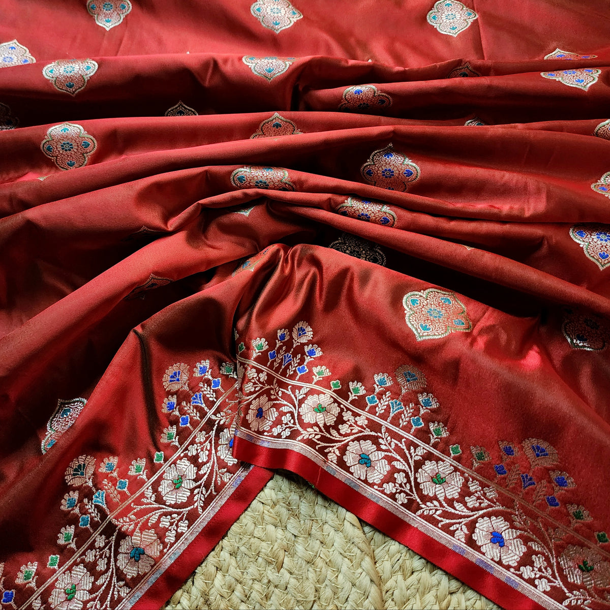Red Banarasi Katan Silk Saree with Multicolor Meenakari Floral Jaal