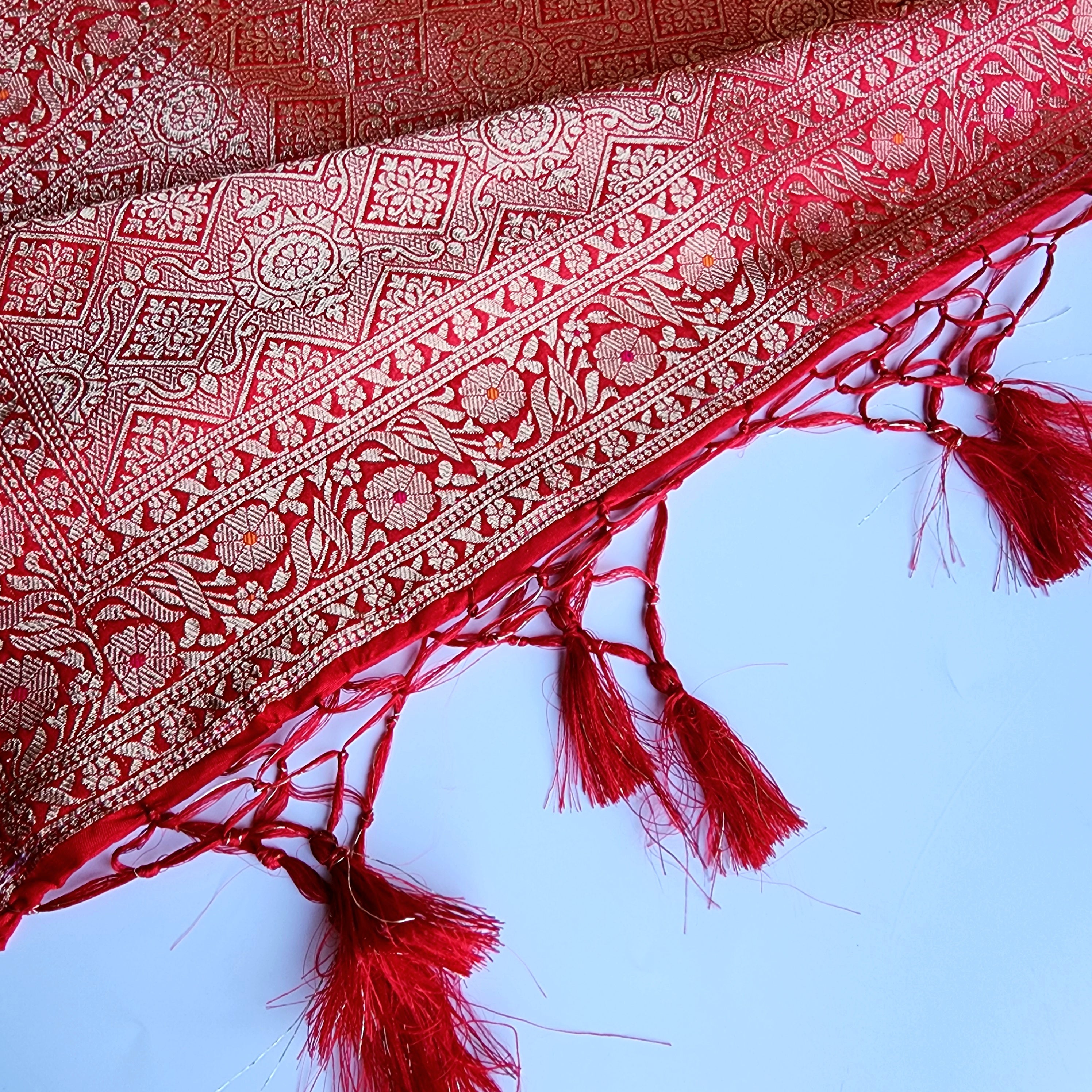 Crimson Red Bandhani Dupatta with Traditional Jaal